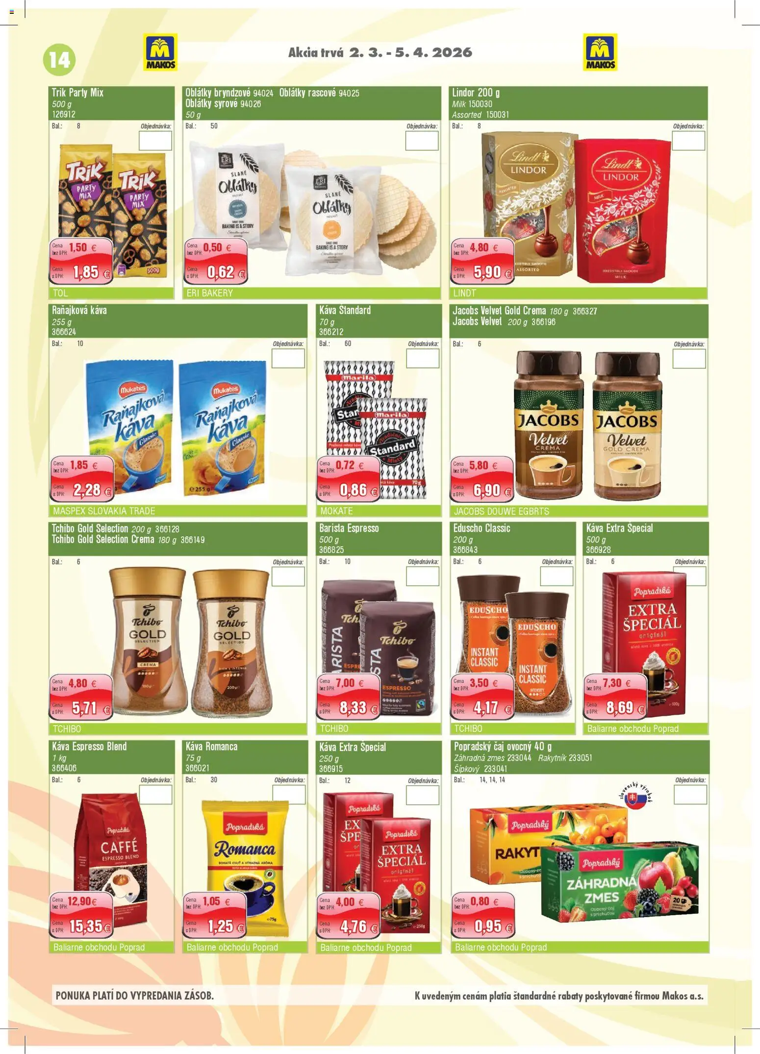 Nové Makos akcie – leták je platný od 02.03.2026 | Strana: 14 | Produkty: Čaj, Lindor, Lindt, Stan