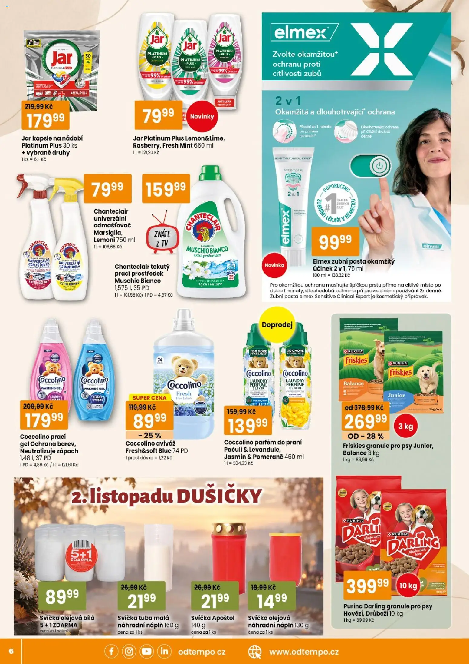 Tempo leták od 21.10.2026 | Strana: 6 | Produkty: Elmex zubní pasta, Granule, Svíčka, Jar platinum