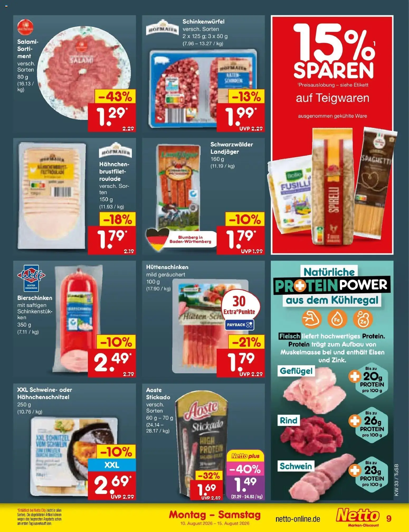 Netto Marken-Discount Prospekt Lahr-Langenwinkel – gültig ab 10.08.2026 | Seite: 9 | Produkte: Hahnchen, Schnitzel, Salami, Fleisch