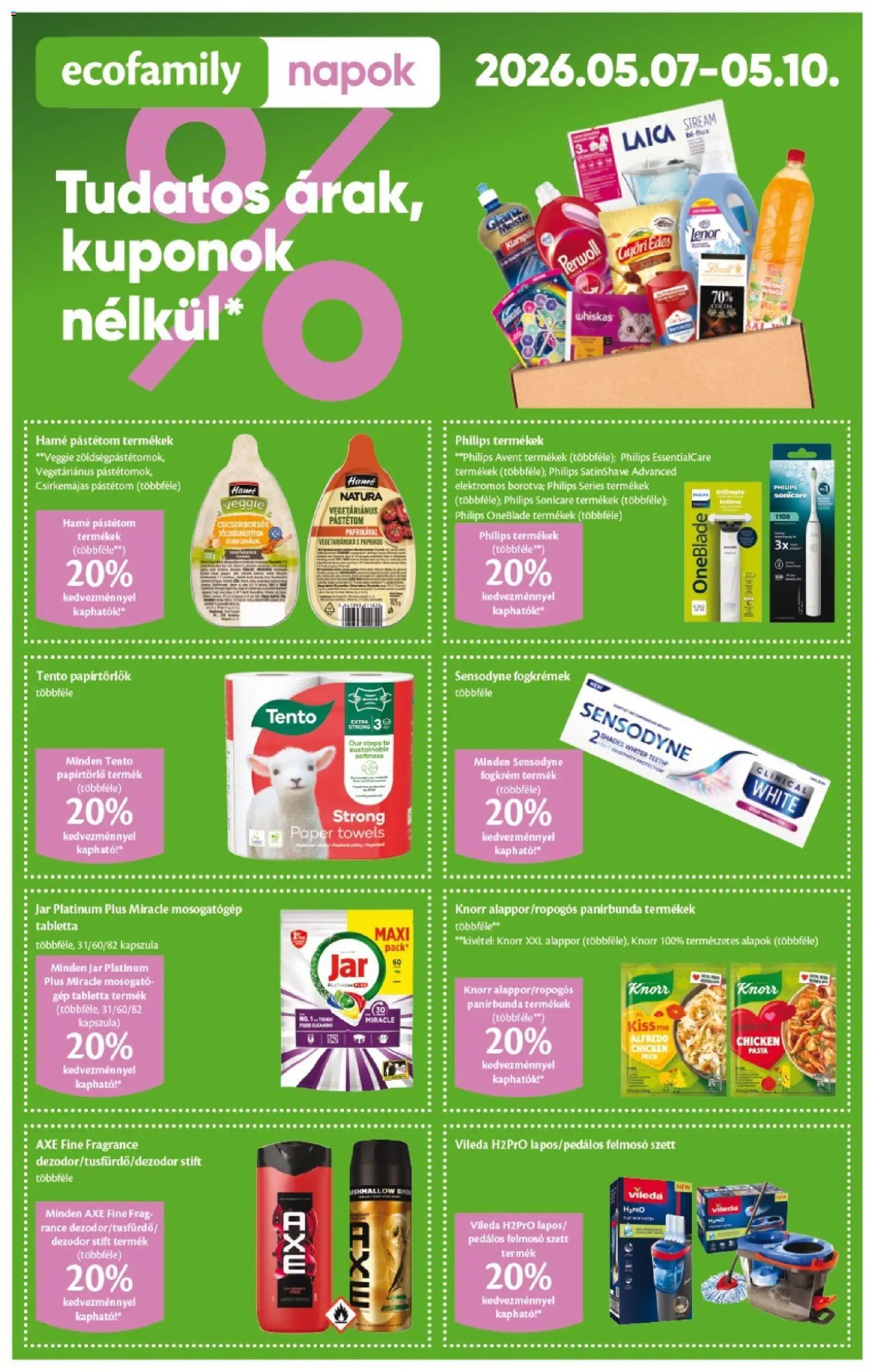 EcoFamily akciós ujság - amely érvényes a következő dátumtól: 07.05.2026 | Oldal: 1 | Termékek: Felmosó, Whiskas, Dezodor, Fogkrém