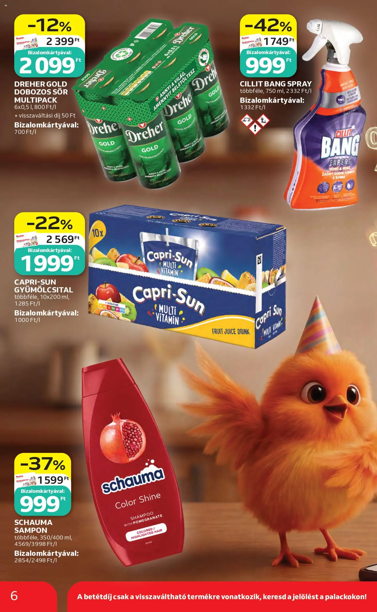 Auchan akciós ujság - amely érvényes a következő dátumtól: 07.05.2026 | Oldal: 6 | Termékek: Capri Sun, Sampon, Dobozos sör, Sör