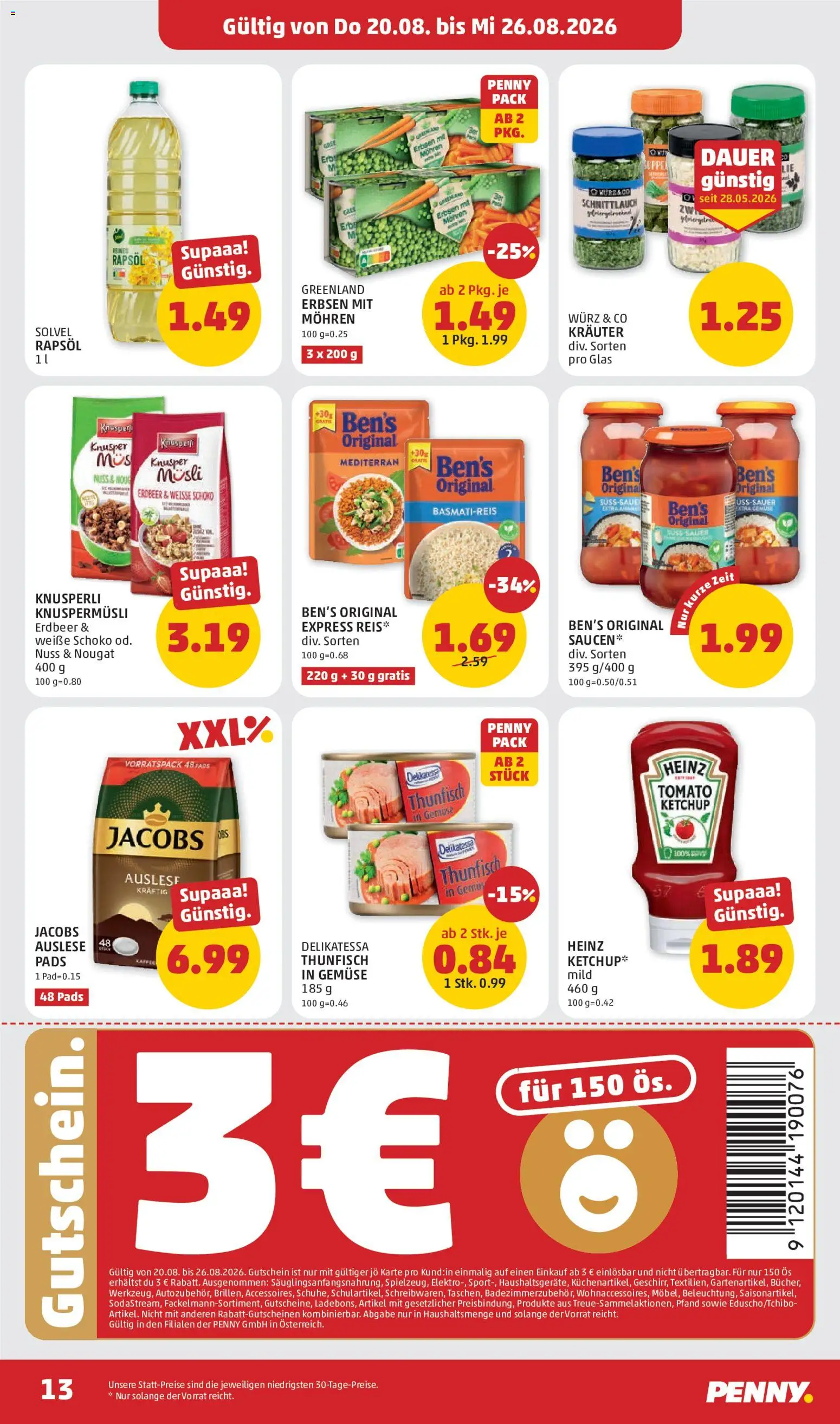Penny Markt Flugblatt gültig ab 20.08.2026 | Seite: 13 | Produkte: Ketchup, Gemüse, Erbsen, Reis