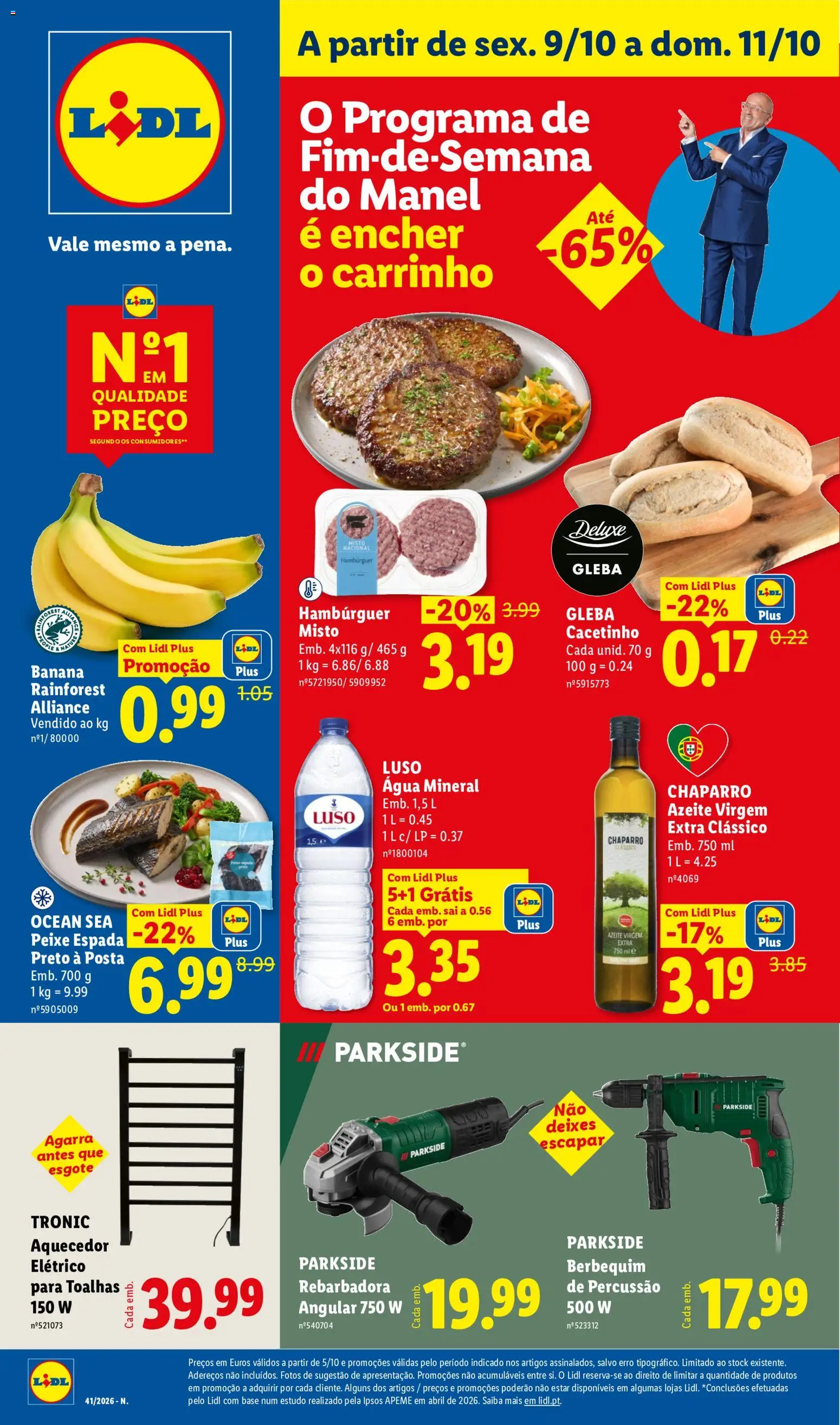 Lidl Promoções Fim de Semana │ válido de 09/10/2026 | Página: 1 | Produtos: Azeite, Banana, Hambúrguer, Azeite virgem extra
