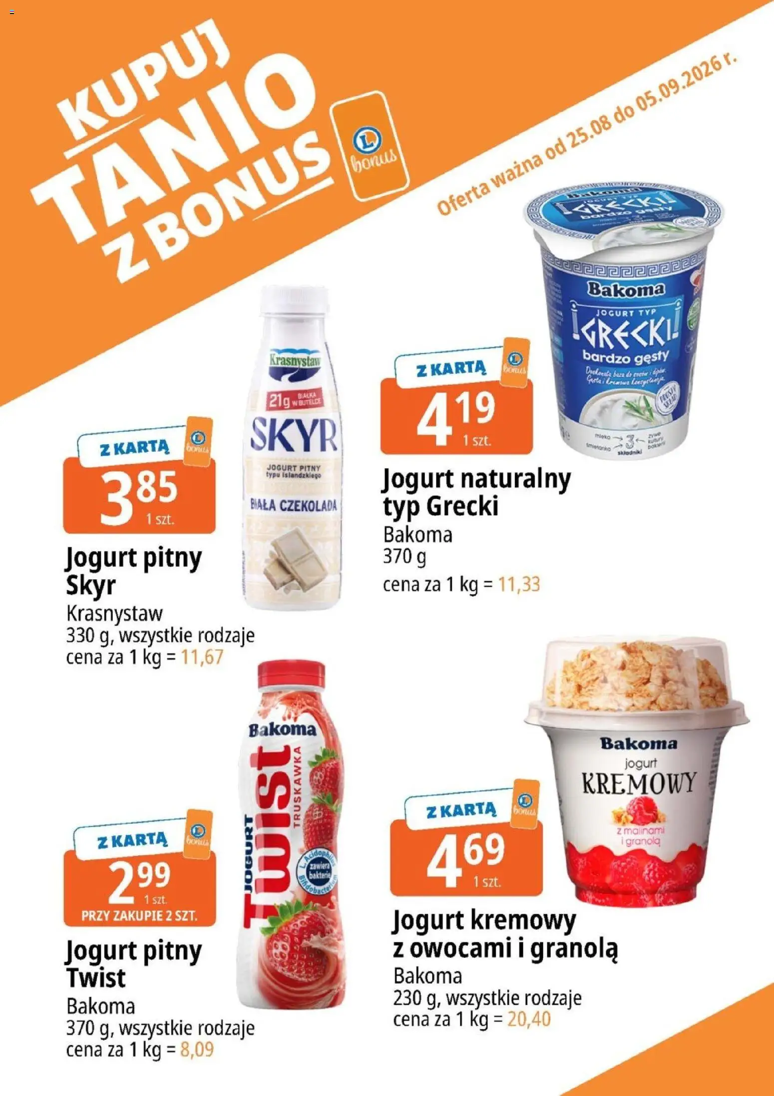 E.Leclerc gazetka - Kupuj Tanio Z Bonus od 25.08.2026 | Strona: 7 | Produkty: Granola, Biała czekolada, Jogurt kremowy, Skyr