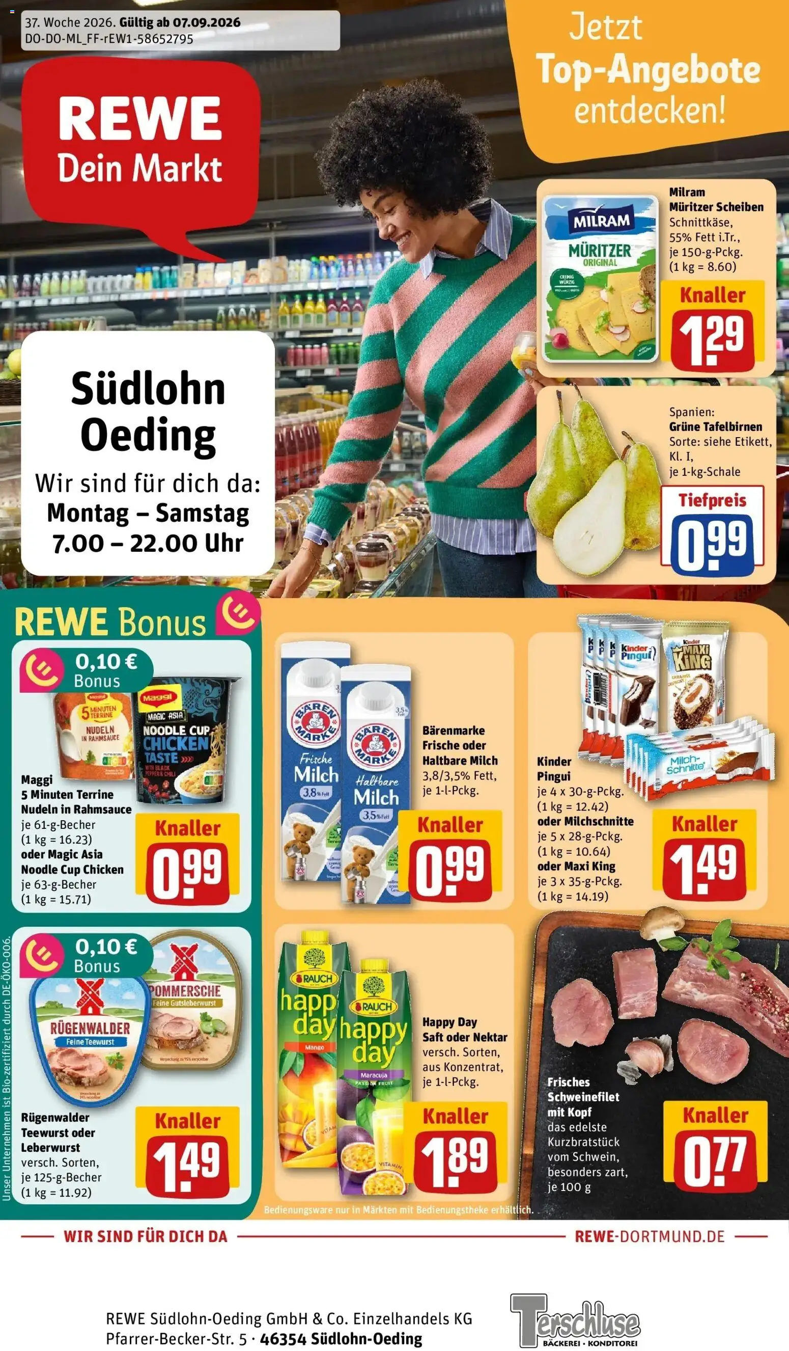 REWE Prospekt ab 07.09.2026 zum Blättern » Angebote | Seite: 1 | Produkte: Milch, Haltbare milch, Saft, Uhr