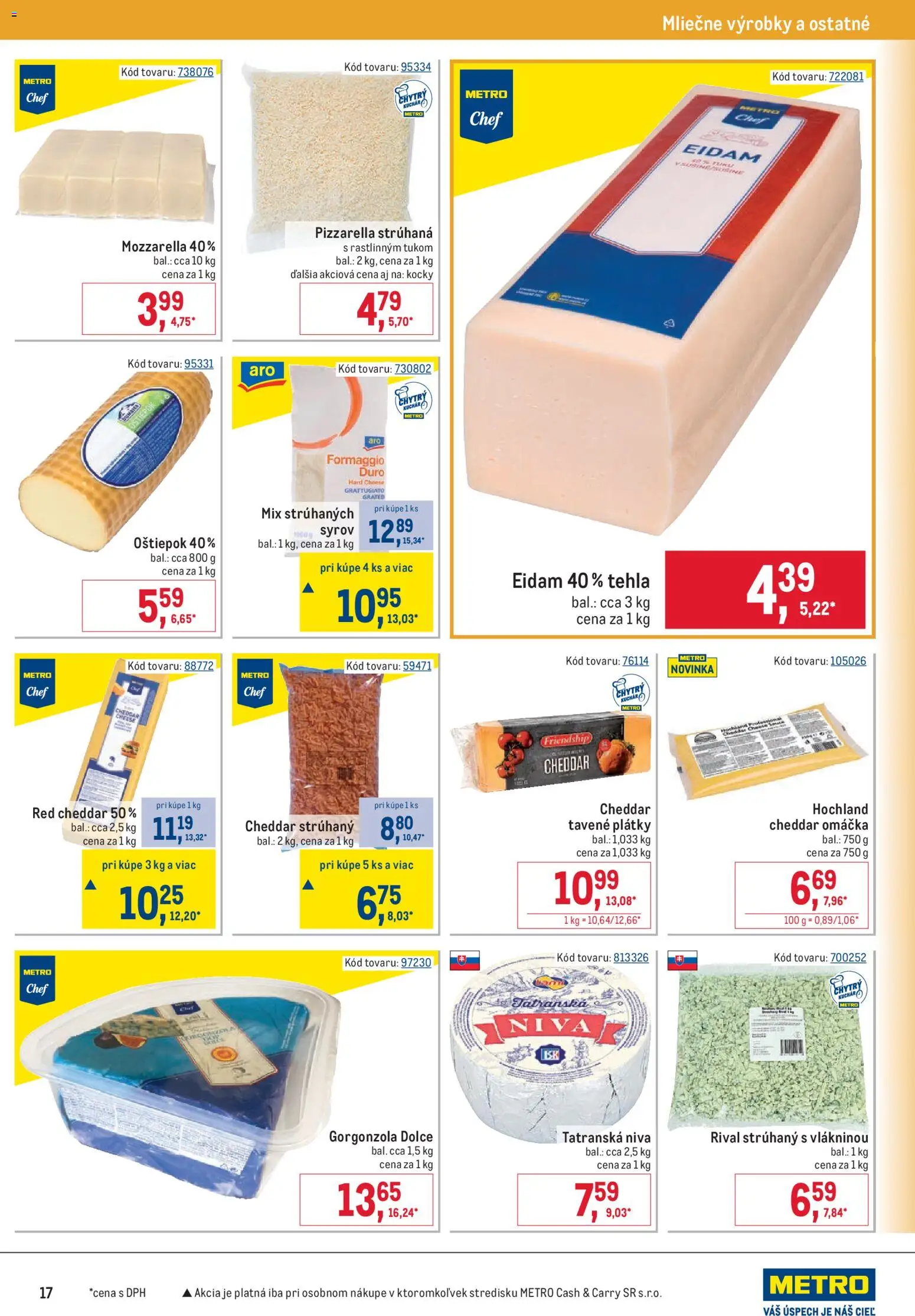 Nové Metro akcie – leták je platný od 22.04.2026 | Strana: 17 | Produkty: Eidam, Mozzarella, Omáčka