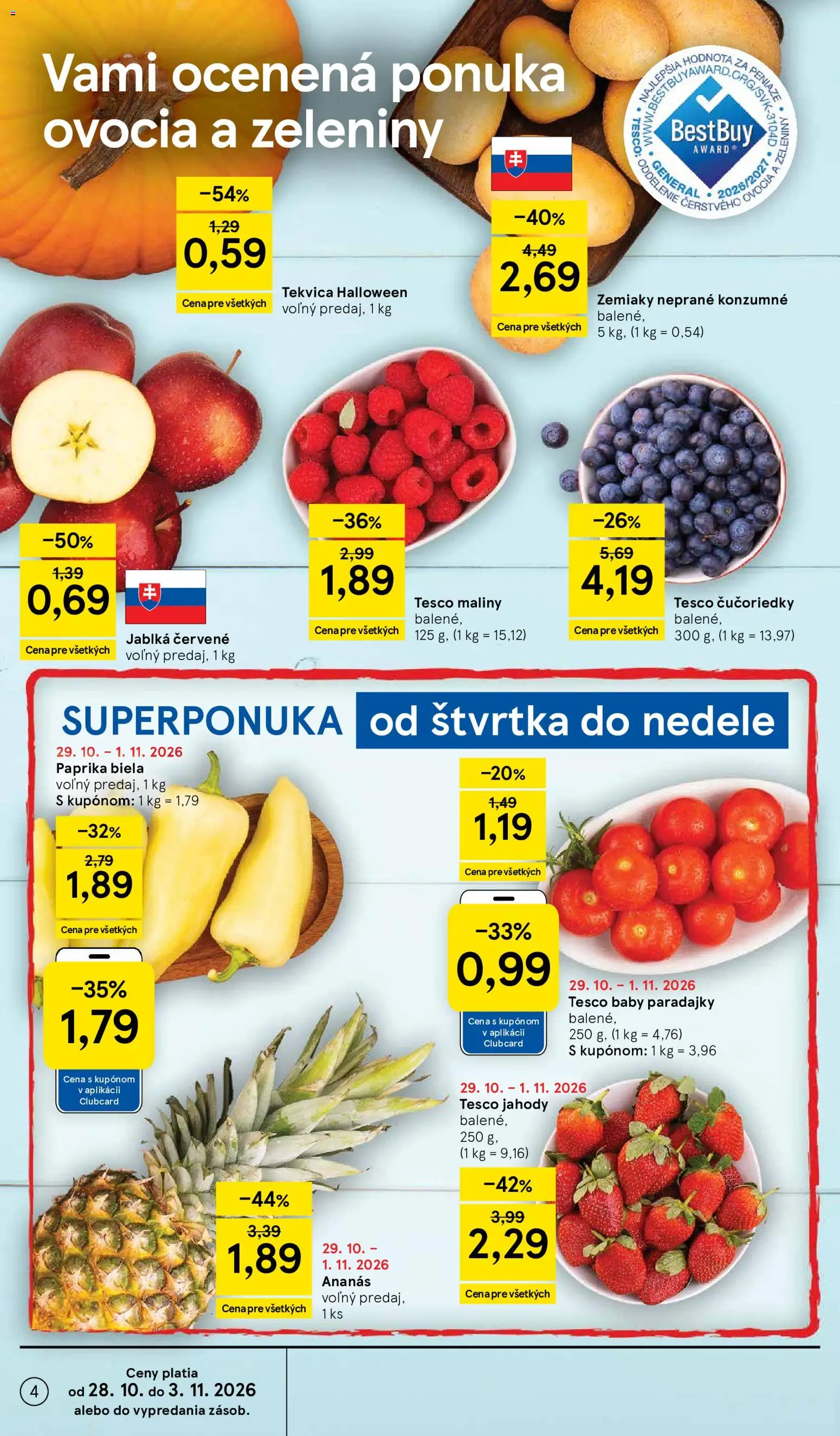 Nové Tesco akcie – leták je platný od 28.10.2026 | Strana: 4 | Produkty: Paprika, Jablká, Jahody, Tekvica