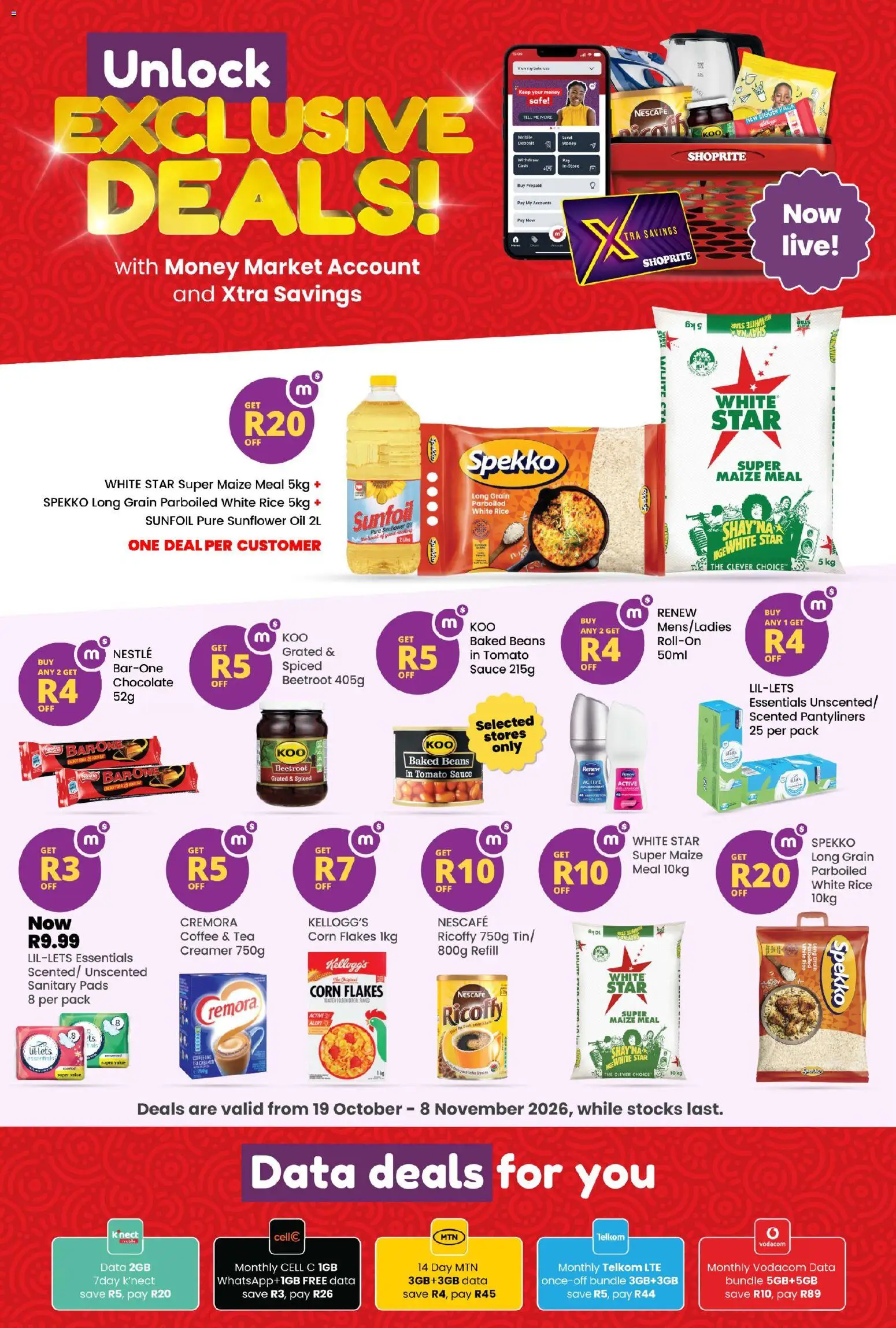 New Shoprite catalogue – valid from 19/10/2026 | Page: 1 | Products: Maize meal, Creamer, Chocolate, Tomato sauce