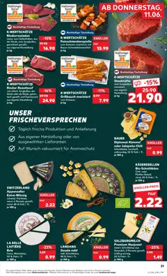 K-WERTSCHÄTZE Rinderrouladen, natur, zum Selbstfüllen, aus der Keule, vom Jungbullen, garantiert gereift, zart marmoriert, aus eigener Herstellung ab 11.06.2026 gültig | Seite: 21 | Produkte: Rinderrouladen, Gouda, Chili, Steak