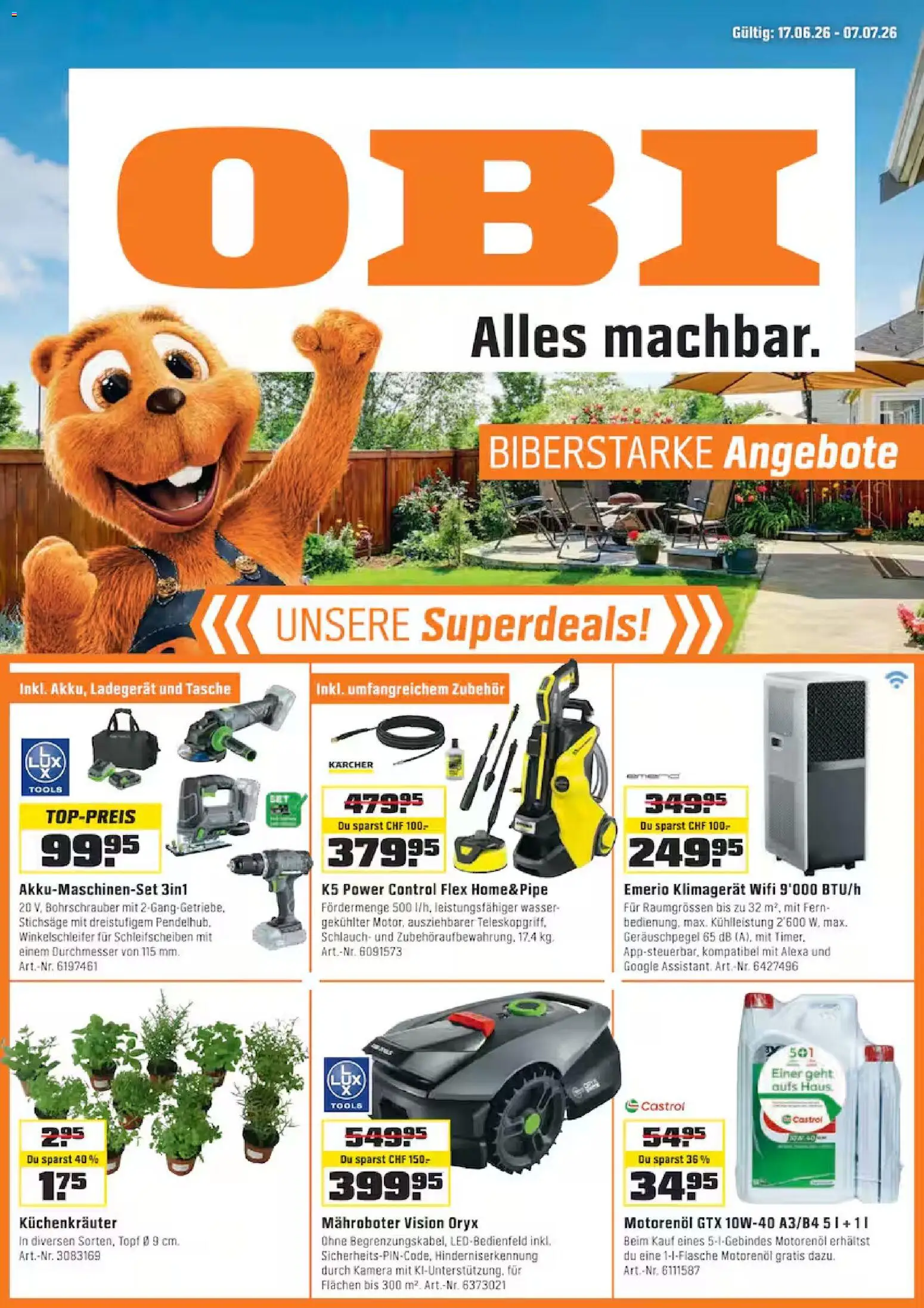 OBI aktionen – gültig ab 17.06.2026 | Seite: 1 | Produkte: Wasser, Kamera, Ladegerät, Tasche