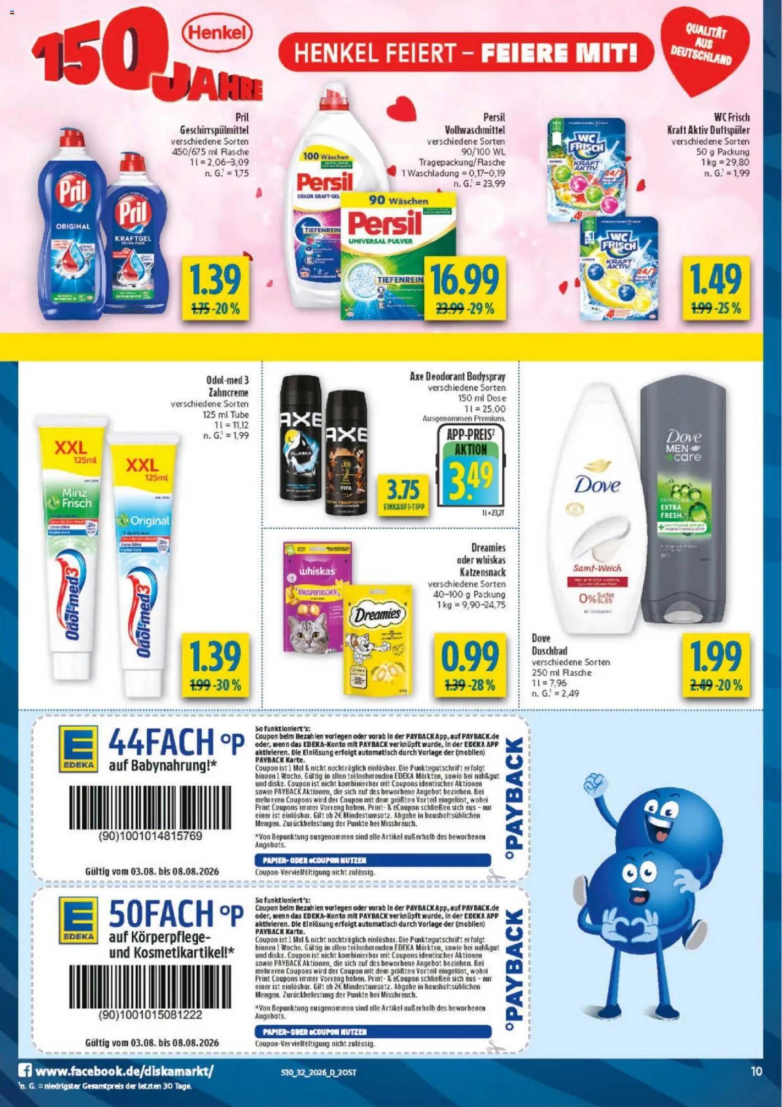 Diska Prospekt – gültig ab 03.08.2026 | Seite: 10 | Produkte: Deodorant, Wc frisch, Axe, Whiskas