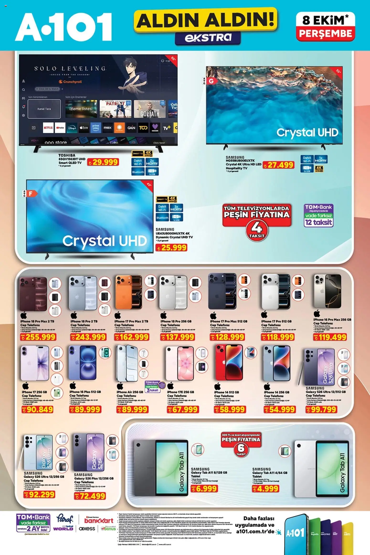 A101 - Katalog Aldın Aldın Ekstra - 08 Ekim 2026 tarihinden itibaren geçerlidir | Sayfa: 1 | Ürünler: TV, Iphone, Tablet, Video