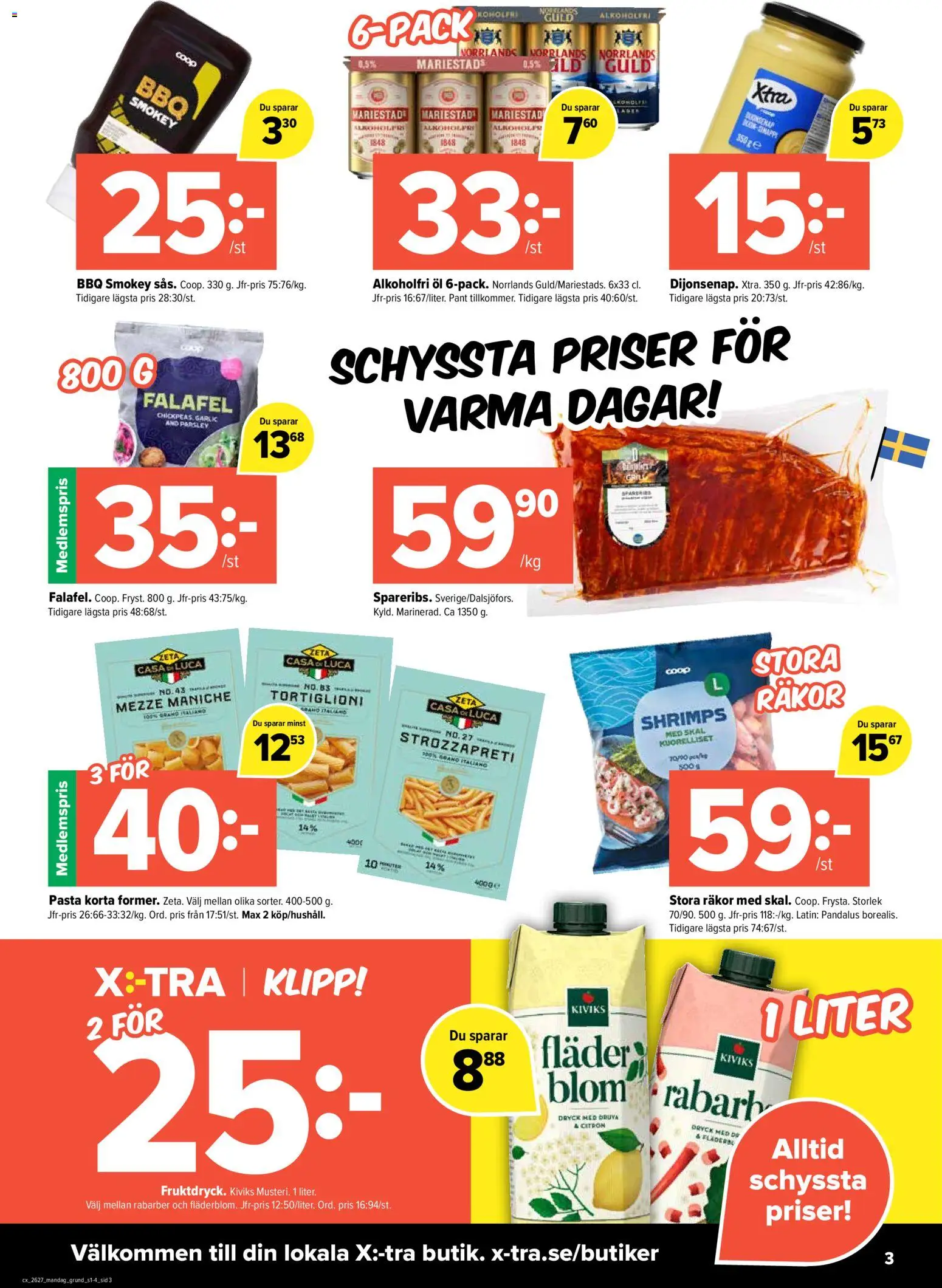Coop X:-TRA reklamblad aktuell från 29/06/2026 | Sida: 3 | Produkter: Räkor, Falafel, Pasta, Citron