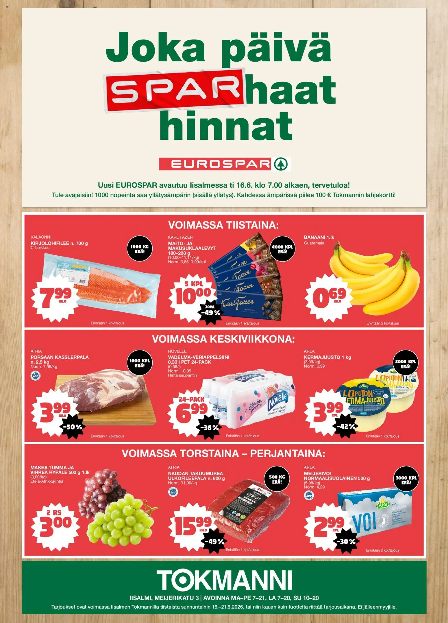 Tokmanni - EUROSPAR avautuu – voimassa 16.06.2026 alkaen | Sivu: 1 | Tuotteet: Kermajuusto, Maito, Voi, Juusto
