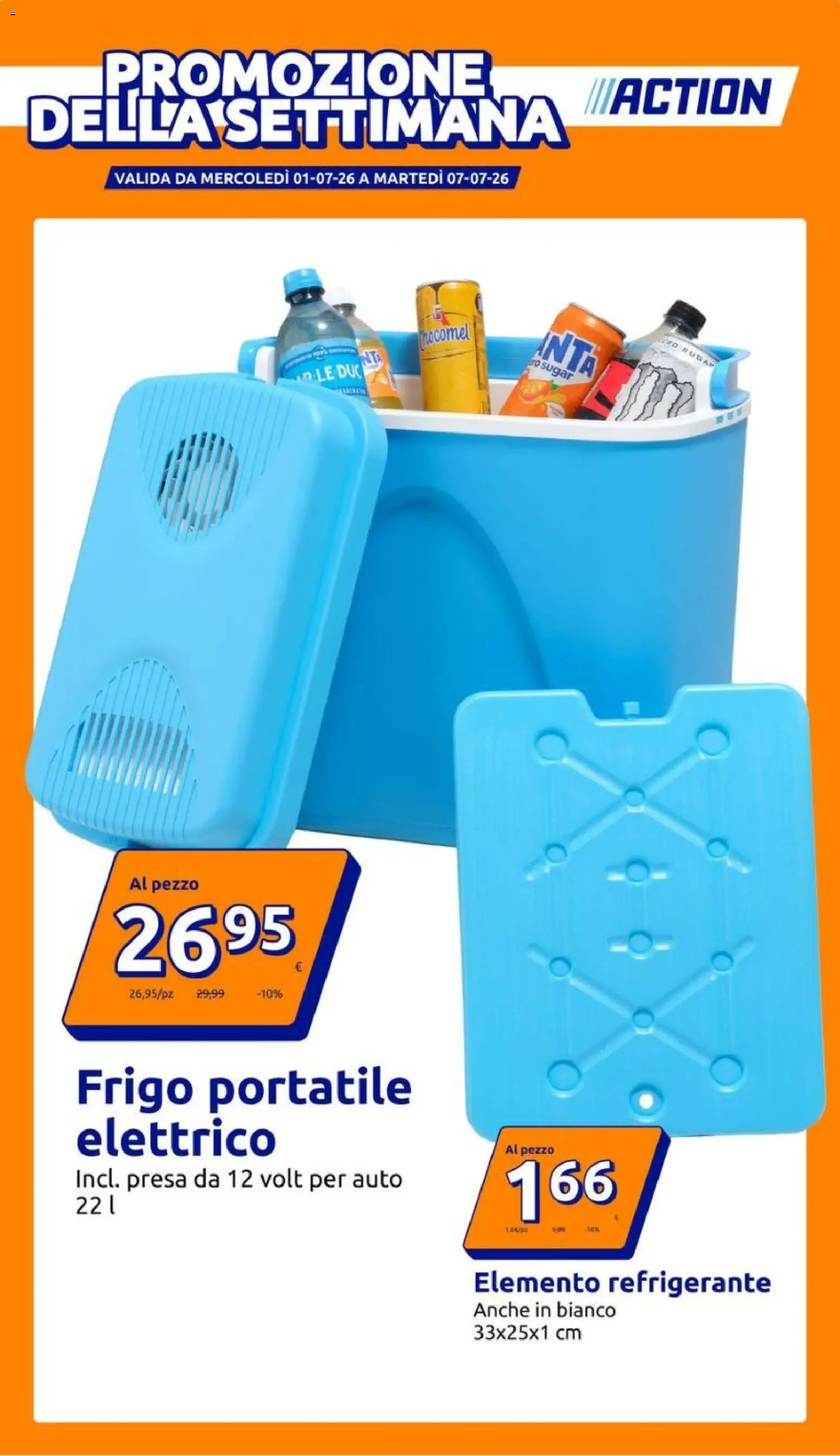 Volantino Action del 01/07/2026 | Pagina: 1 | Prodotti: Frigo portatile, Presa