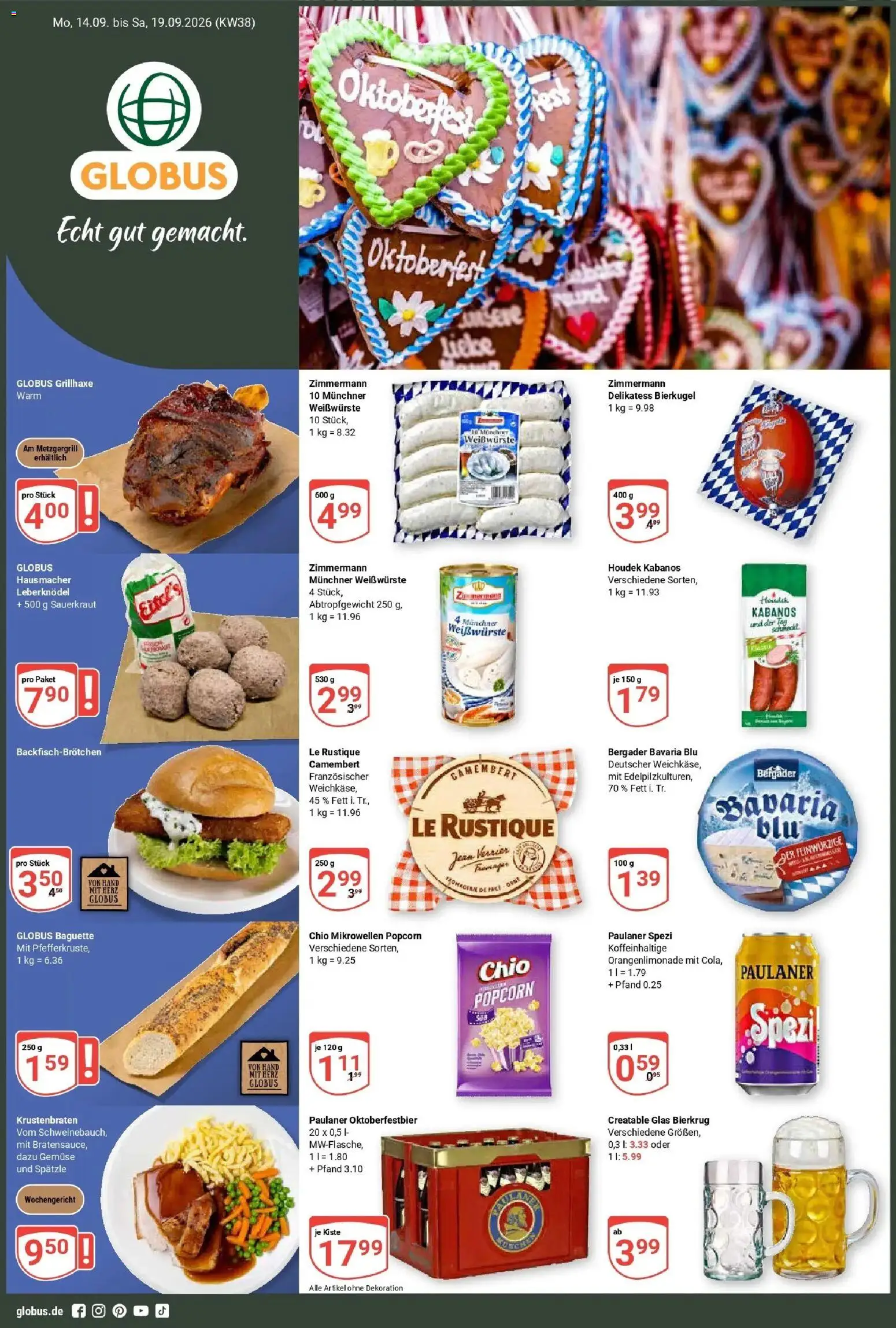 Globus Prospekt Saarbrücken-Dudweiler (ab 14.09.2026) » Angebote online | Seite: 1 | Produkte: Leberknödel, Paulaner spezi, Krustenbraten, Gemüse