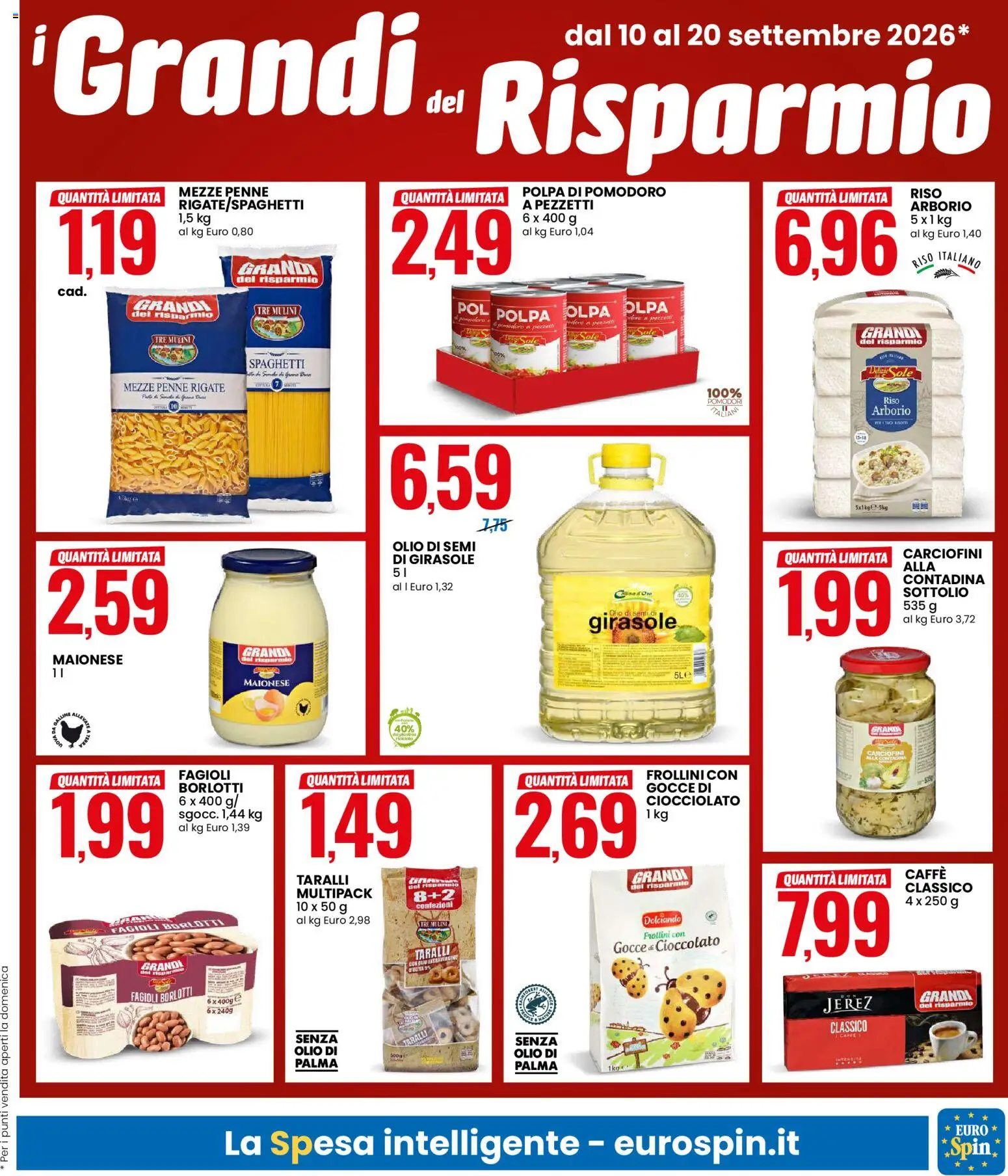 Volantino Eurospin del 10/09/2026 | Pagina: 3 | Prodotti: Frollini, Penne, Spaghetti, Olio di semi di girasole