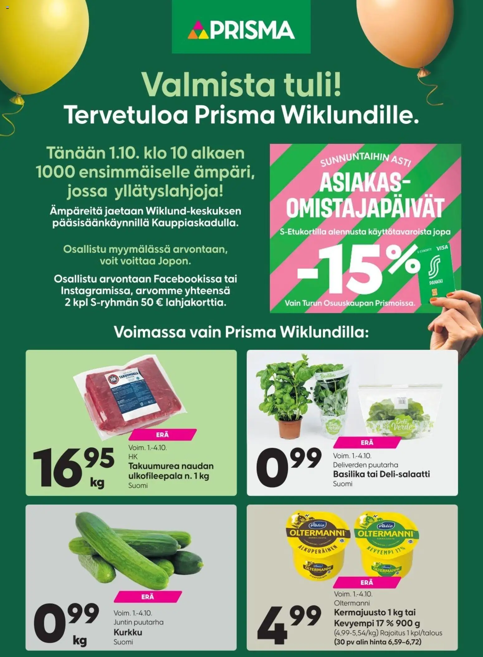 Prisma Wiklund Turun sanomat – voimassa 01/10/2026 alkaen | Sivu: 1 | Tuotteet: Basilika, Kermajuusto, Kurkku