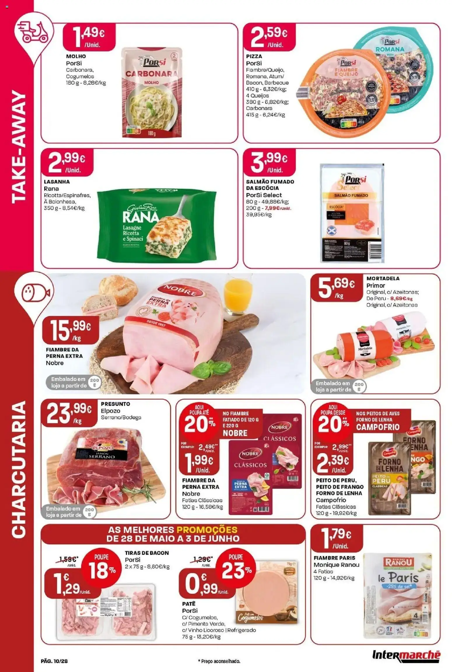 Intermarché - Isto é que são preços BAIXOS │ válido de 28.05.2026 | Página: 10 | Produtos: Mortadela, Peito de frango, Lasanha, Salmão