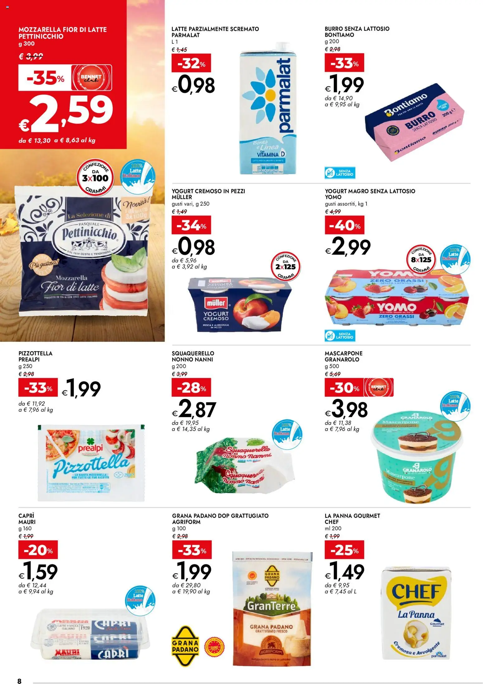 Volantino bennet del 01/10/2026 | Pagina: 8 | Prodotti: Mozzarella, Latte, Burro, Pesca