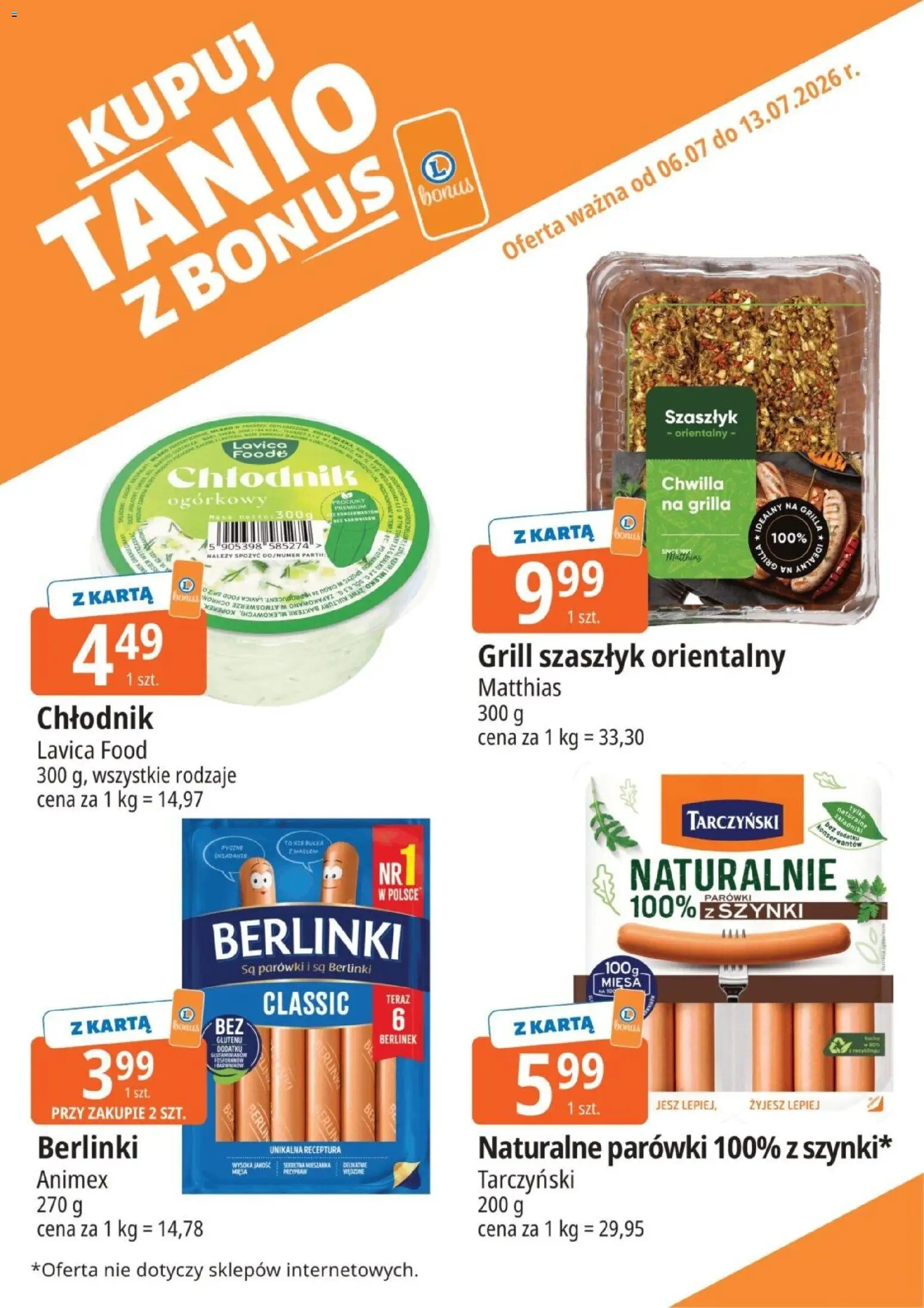 E.Leclerc gazetka - Kupuj Tanio Z Bonus od 06.07.2026 | Strona: 13 | Produkty: Karta, Parówki berlinki, Grill, Bułka