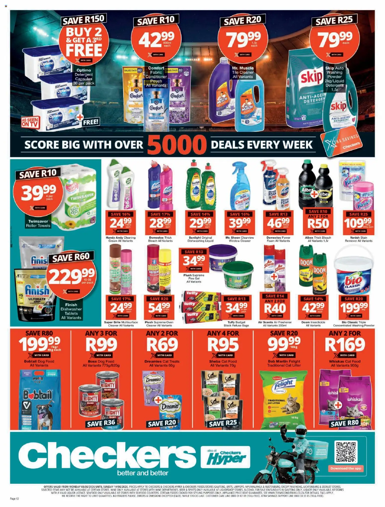 New Checkers catalogue – valid from 08.06.2026 | Page: 12 | Products: Bleach, Wine, Washing powder, Cat food