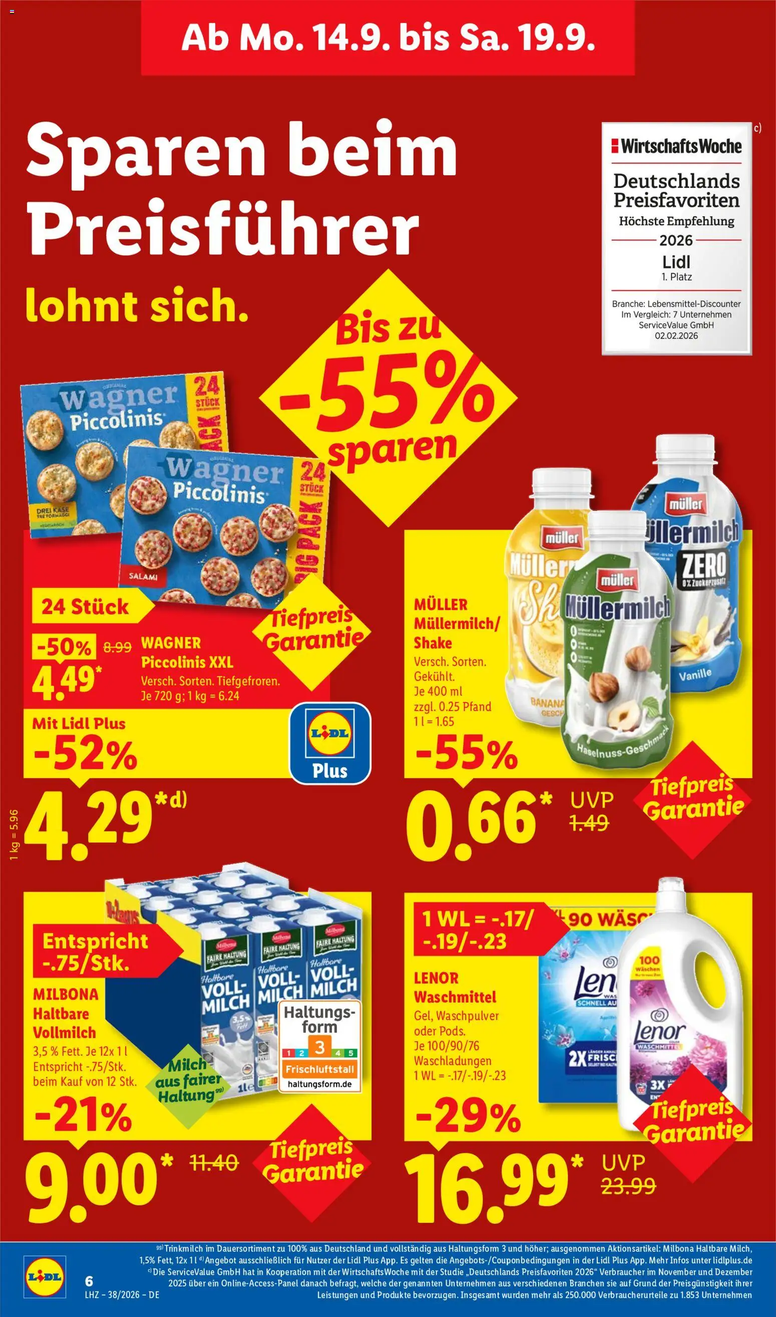 Lidl Německo leták od 14.09.2026 | Strana: 14 | Produkty: Lenor, Milbona, Kaše
