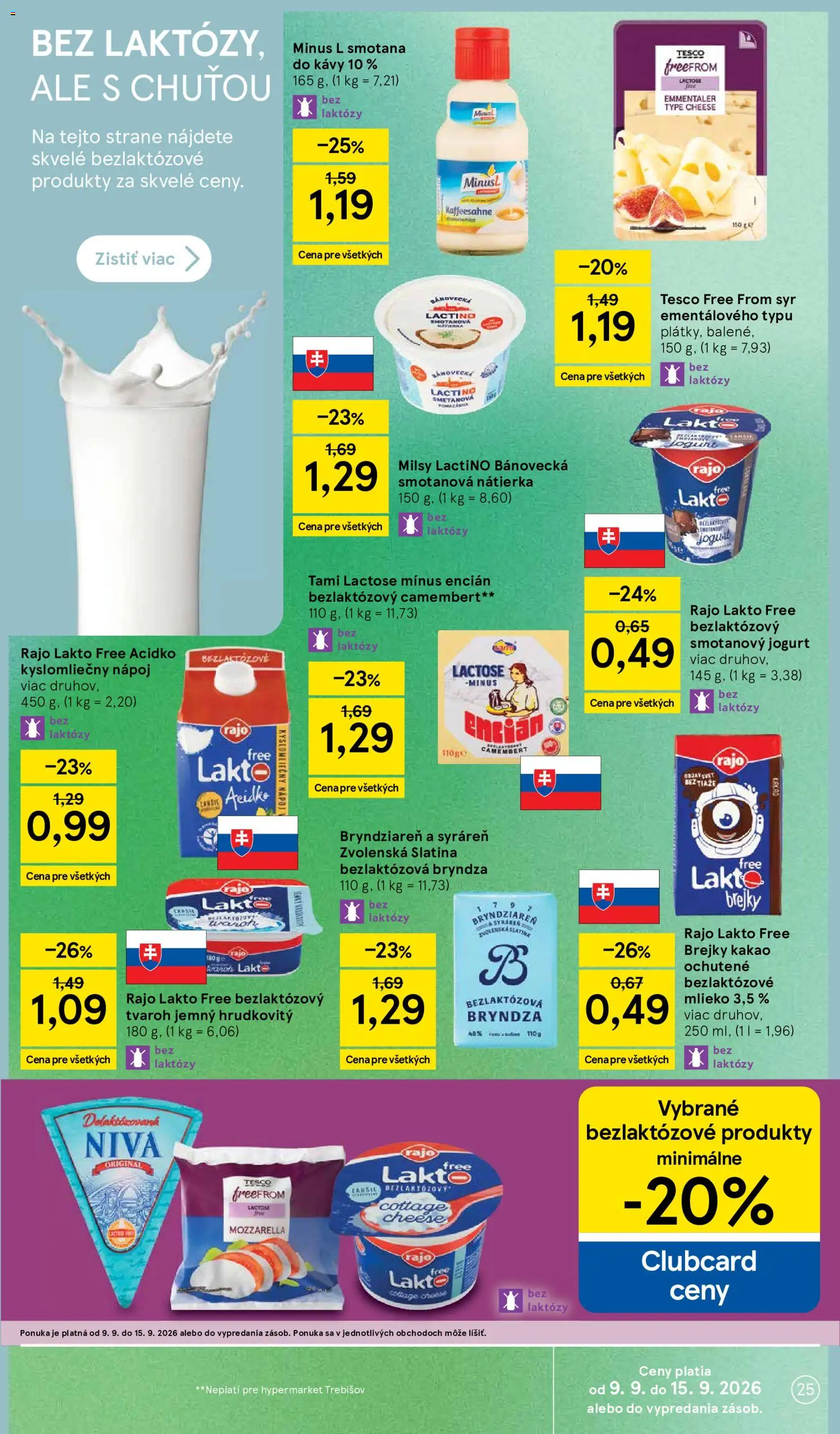Nové Tesco akcie – leták je platný od 09.09.2026 | Strana: 25 | Produkty: Syr, Bryndza, Bezlaktózové mlieko, Camembert