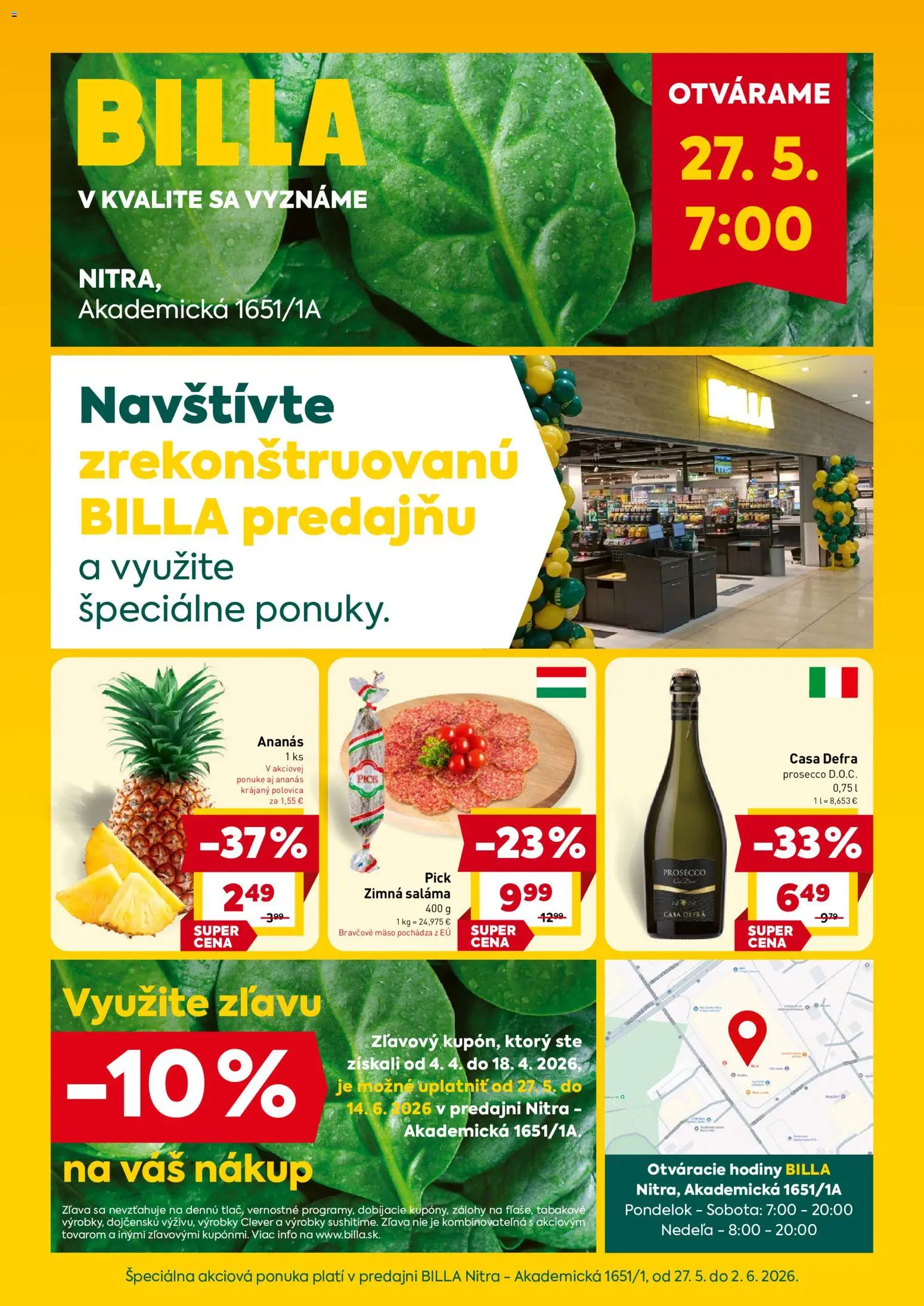 Nové Billa akcie – leták je platný od 27.05.2026 | Strana: 1 | Produkty: Hodiny, Prosecco, Bravčové mäso