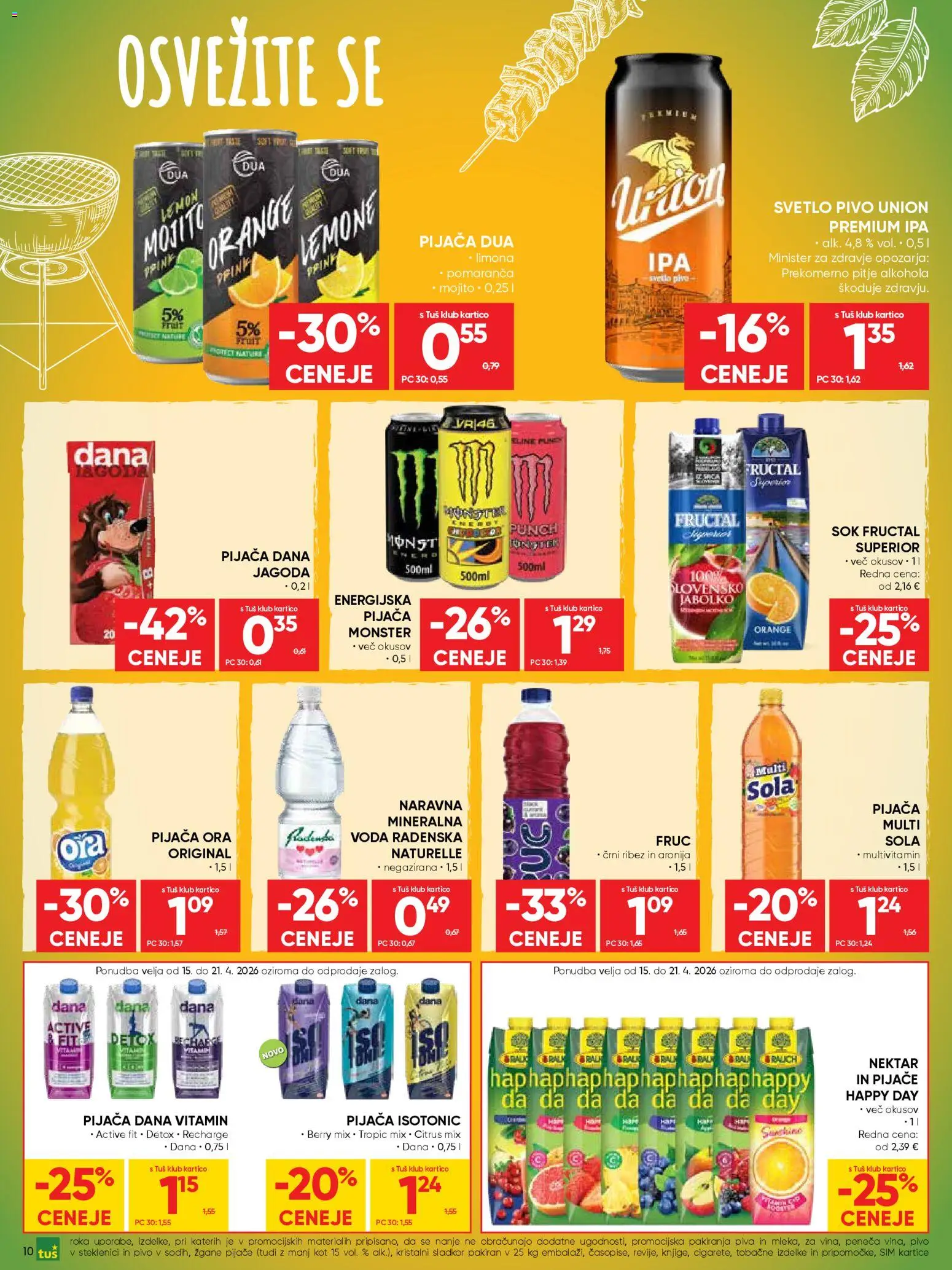 Novi Tuš katalog ponudbe – veljaven od 15.04.2026 | Stran: 10 | Izdelki: Mineralna voda, Sok, Sladkor, Limona