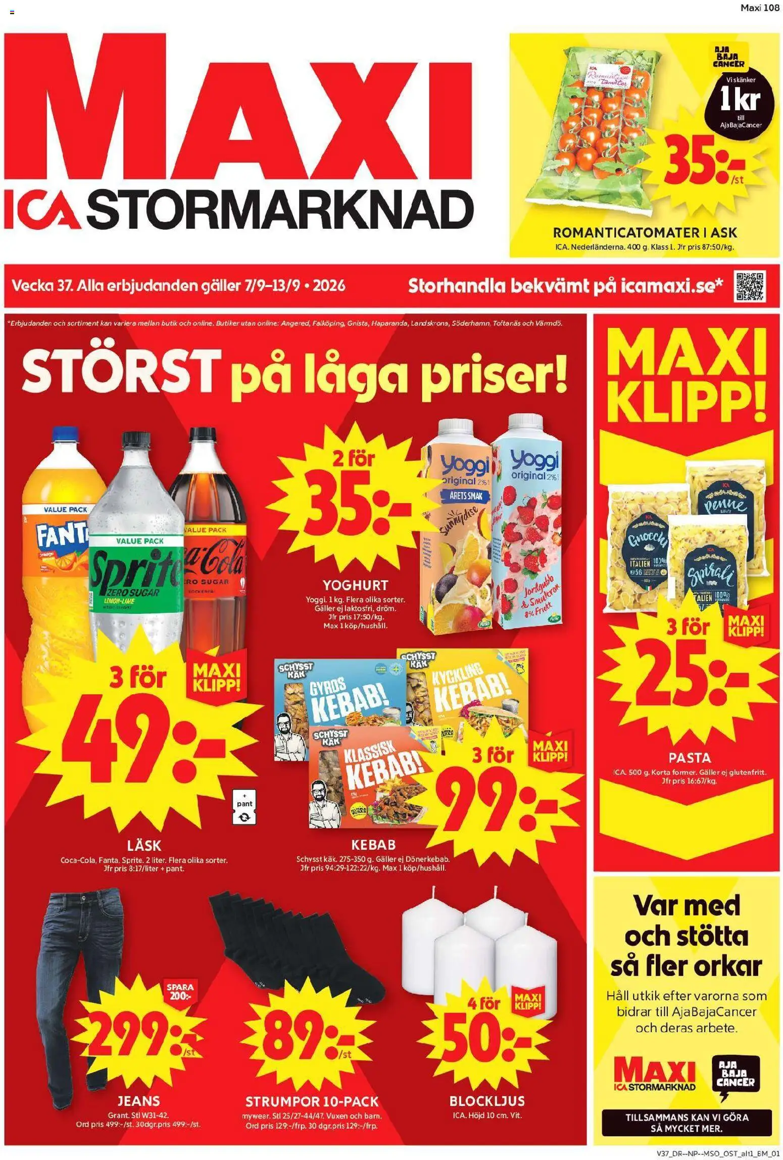 ICA Maxi reklamblad aktuell från 07/09/2026 | Sida: 1 | Produkter: Strumpor, Yoggi, Pasta, Jeans