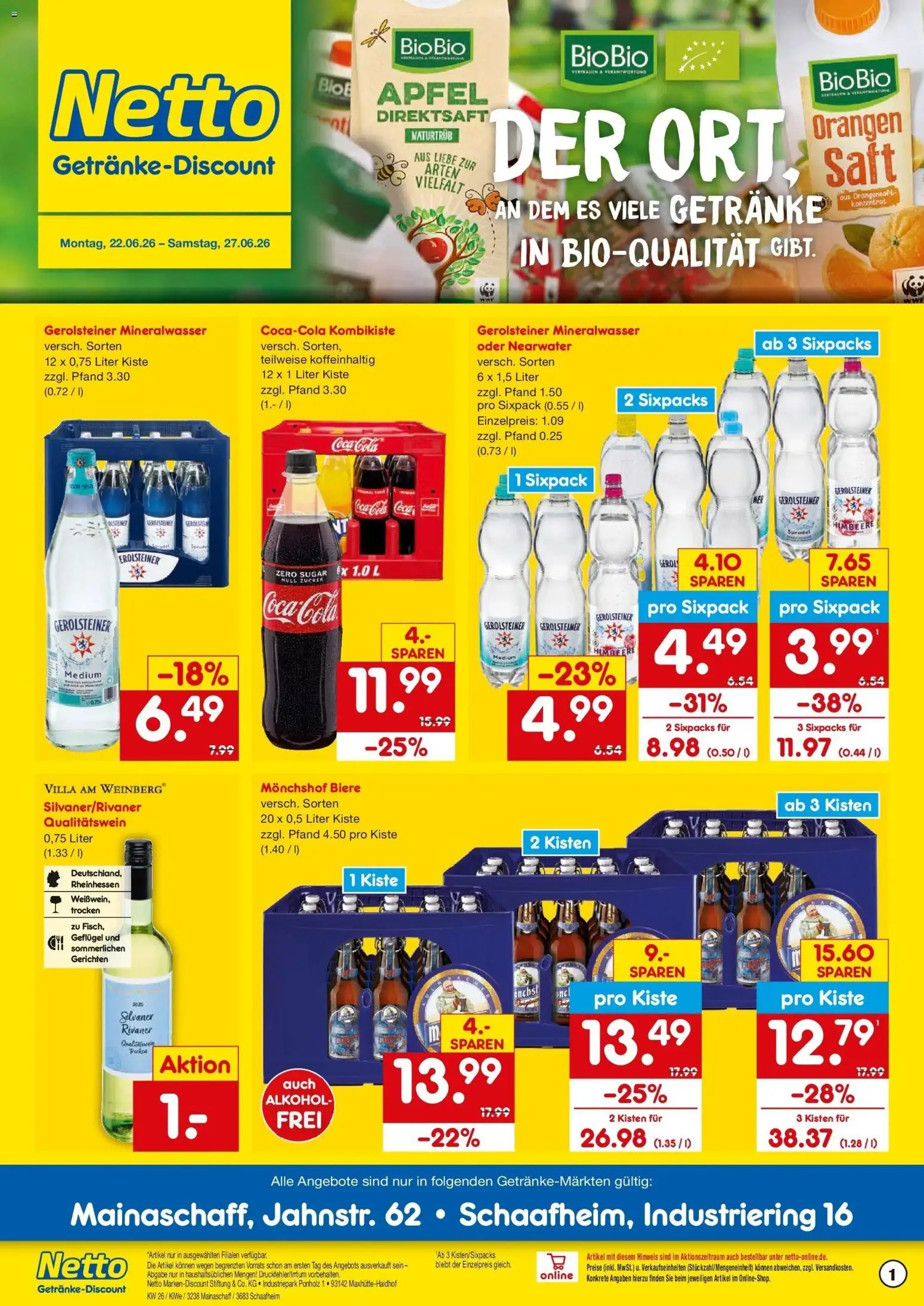 Netto Marken-Discount Prospekt Mainaschaff – gültig ab 22.06.2026 | Seite: 1 | Produkte: Monchshof, Cola, Äpfel, Himbeere