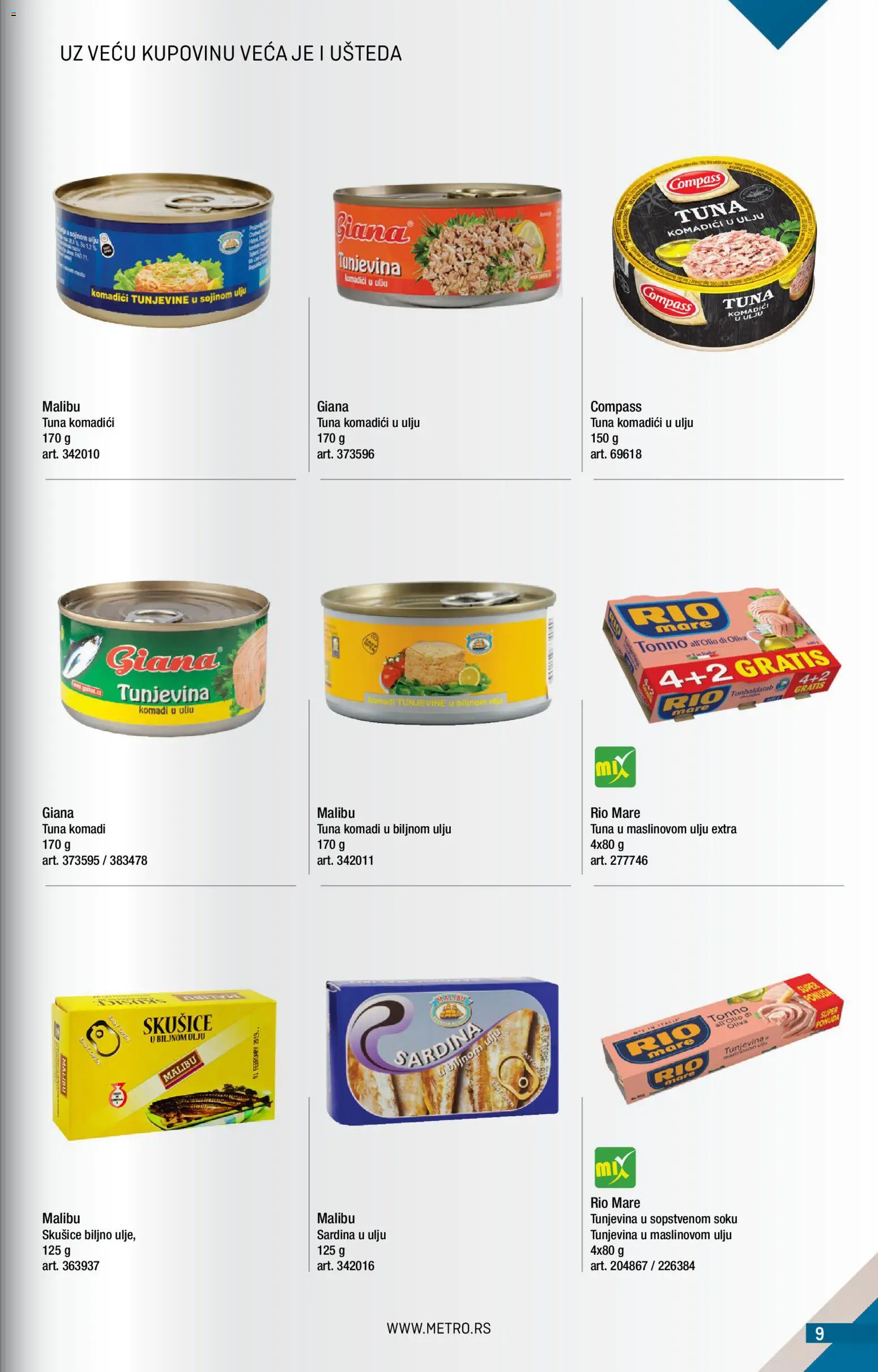 Metro katalog - važi od 01.09.2026 | Strana: 9 | Proizvode: Tunjevina u sopstvenom soku, Tuna, Rio mare, Sardina
