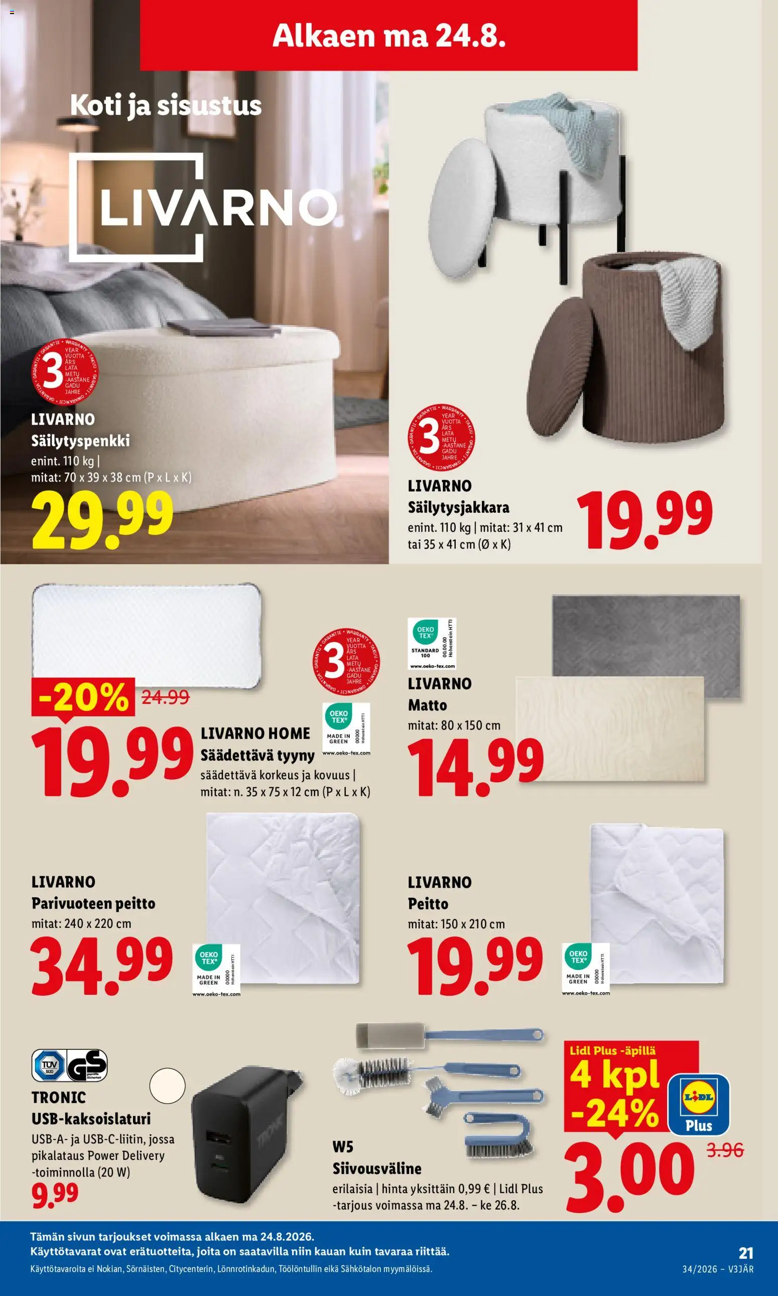 Lidl tarjoukset – voimassa 24/08/2026 alkaen | Sivu: 15 | Tuotteet: USB, Tyyny, Matto, Peitto