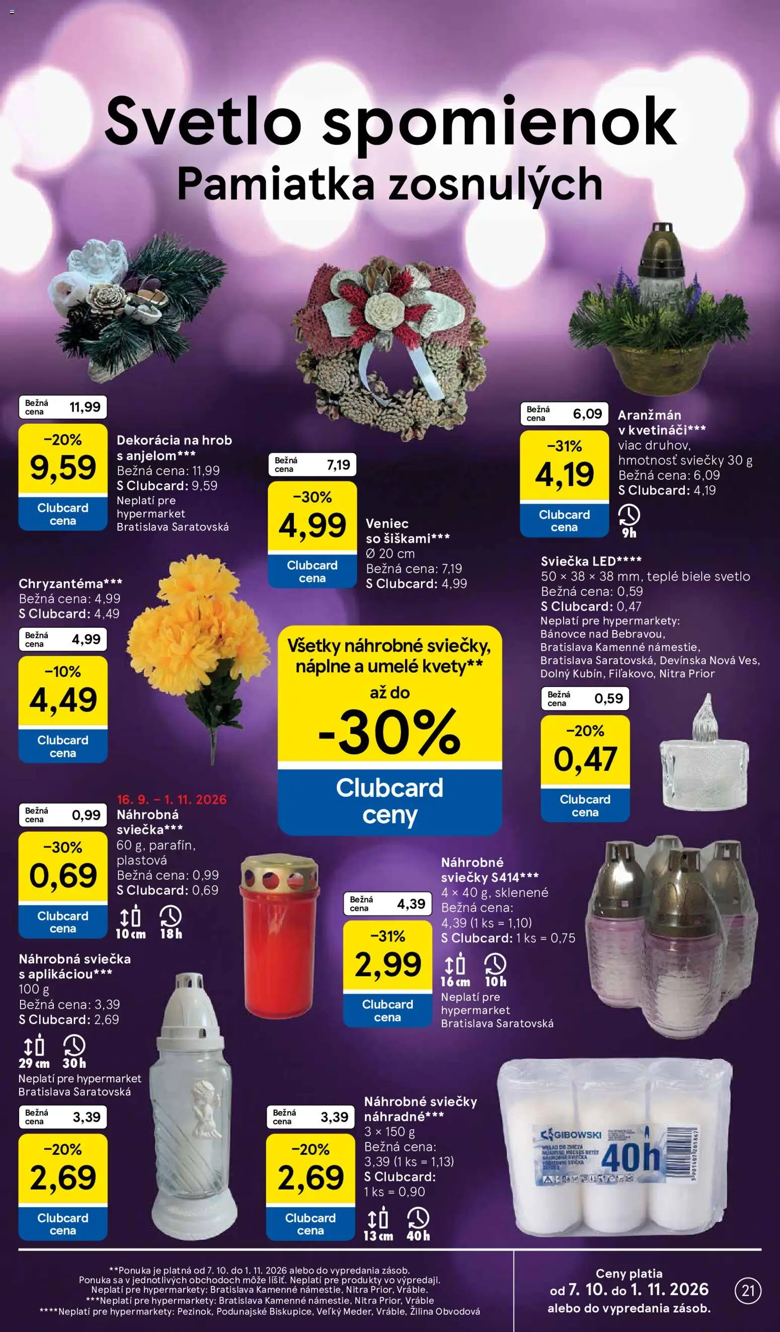 Nové Tesco akcie – leták je platný od 07.10.2026 | Strana: 21 | Produkty: Svetlo, Náhrobné sviečky, Kvety