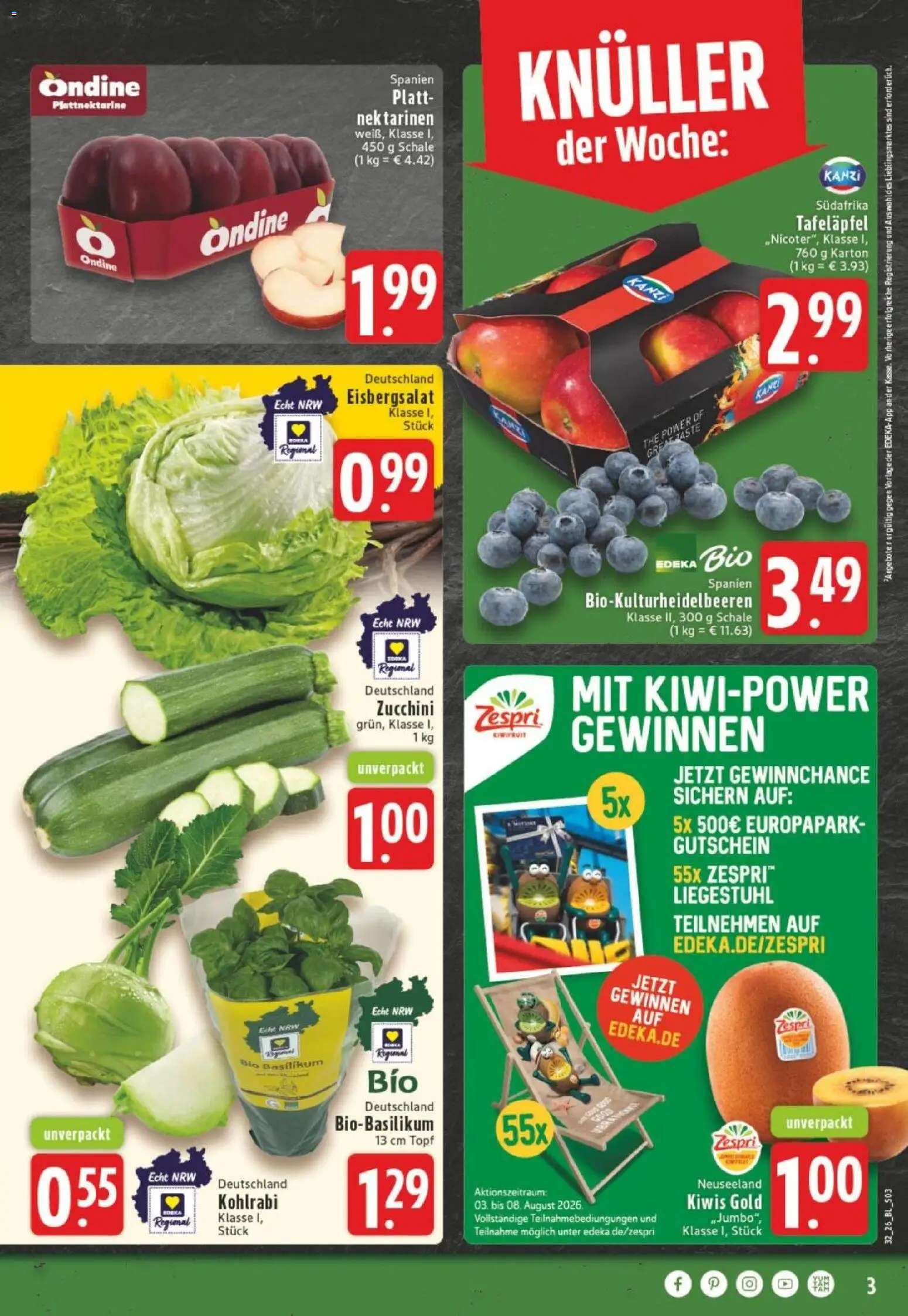 Edeka Prospekt Dortmund – gültig ab 03.08.2026 | Seite: 3 | Produkte: Nektarinen, Liegestuhl, Eisbergsalat, Zucchini