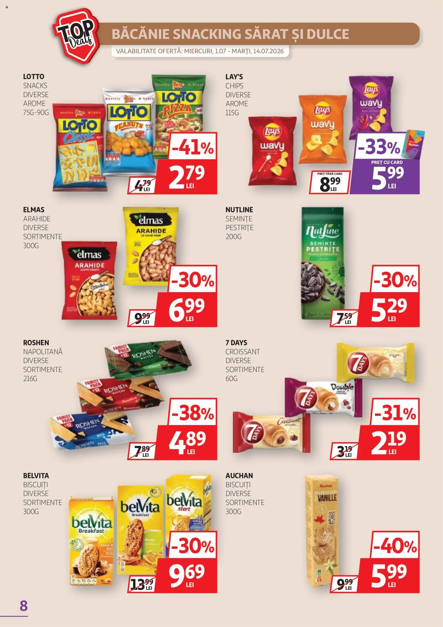 Noul catalog Auchan – valabil de la 01.07.2026 | Pagină: 8 | Produse: Arahide, Semințe, Pizza, Biscuiți