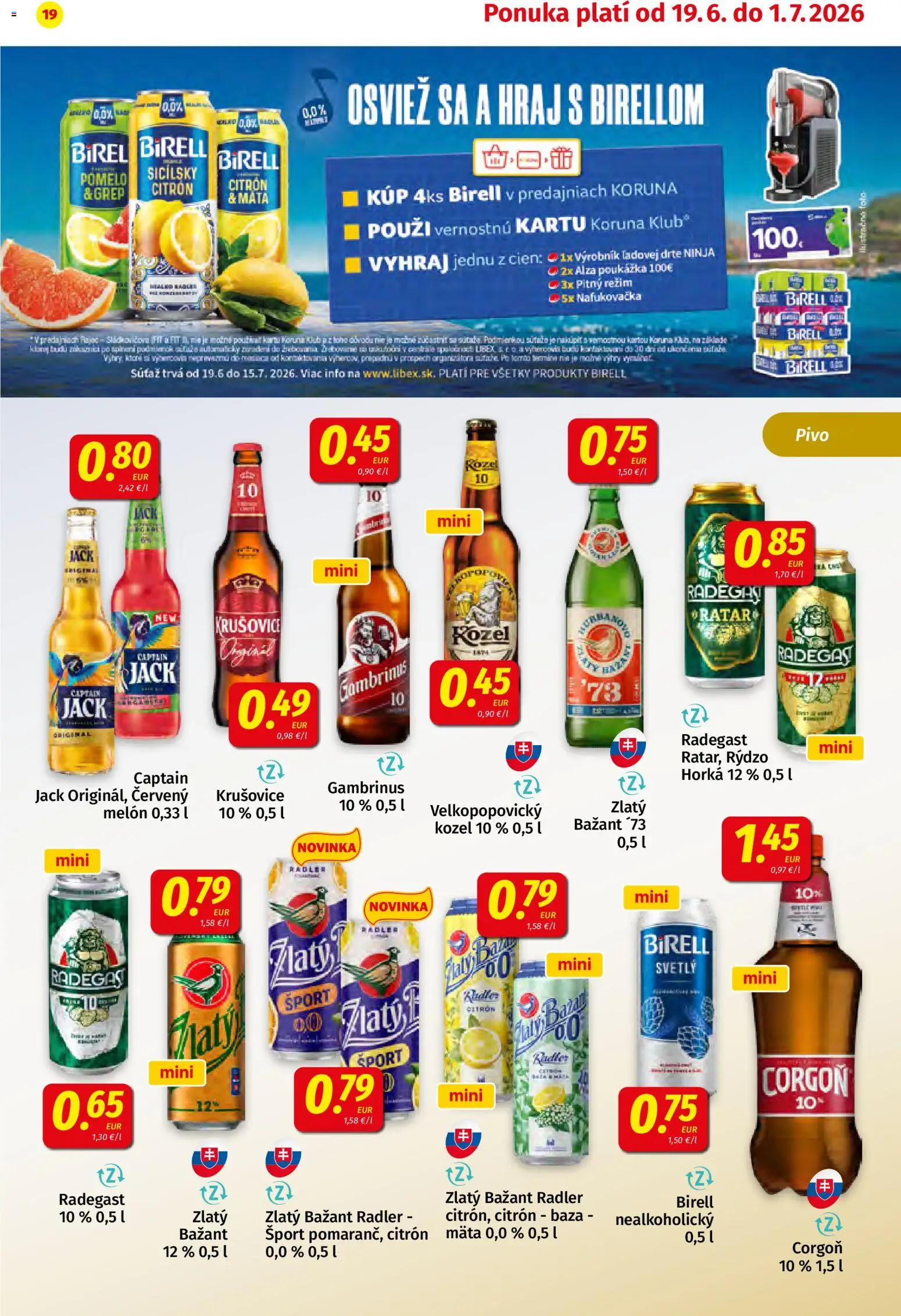 Nové Koruna akcie – leták je platný od 19.06.2026 | Strana: 19 | Produkty: Pivo, Zlatý Bažant, Corgoň, Grep