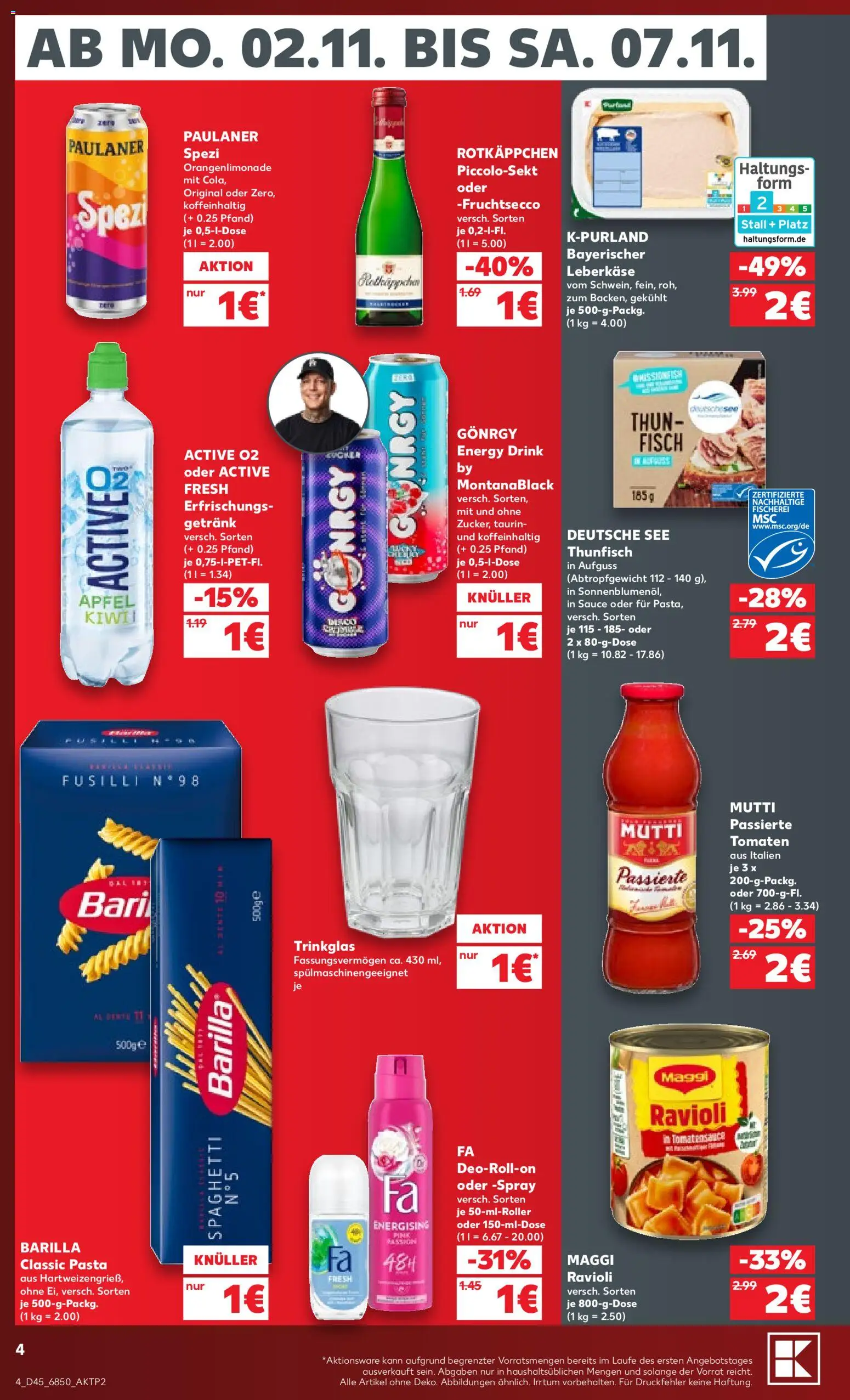 Kaufland Německo leták od 02.11.2026 | Strana: 4 | Produkty: Barilla, Maggi, Ravioli, Energy drink