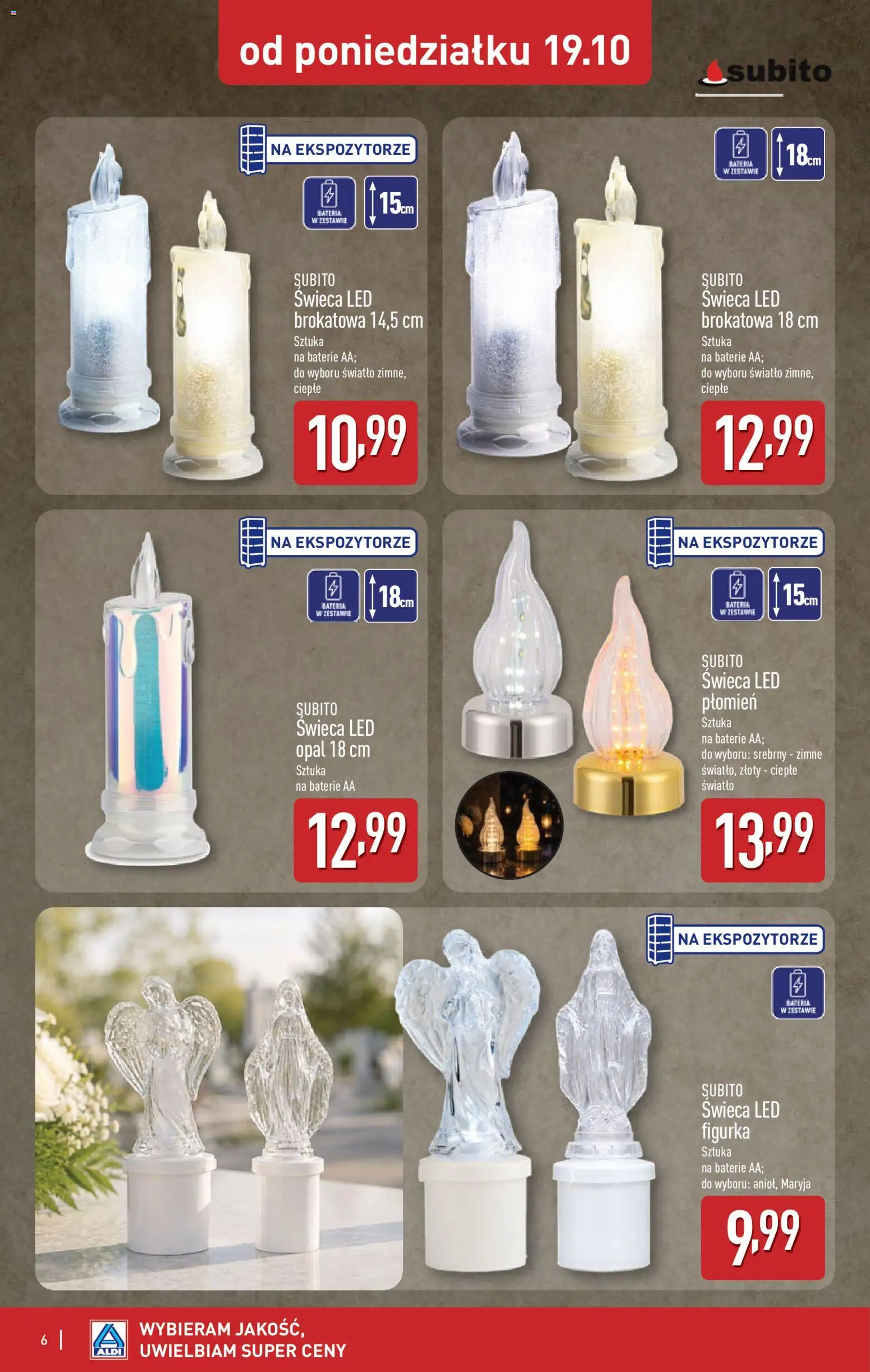 Aldi gazetka - Znicze i stroiki od 19.10.2026 | Strona: 6 | Produkty: Świeca, Baterie, Bateria, Baterie AA
