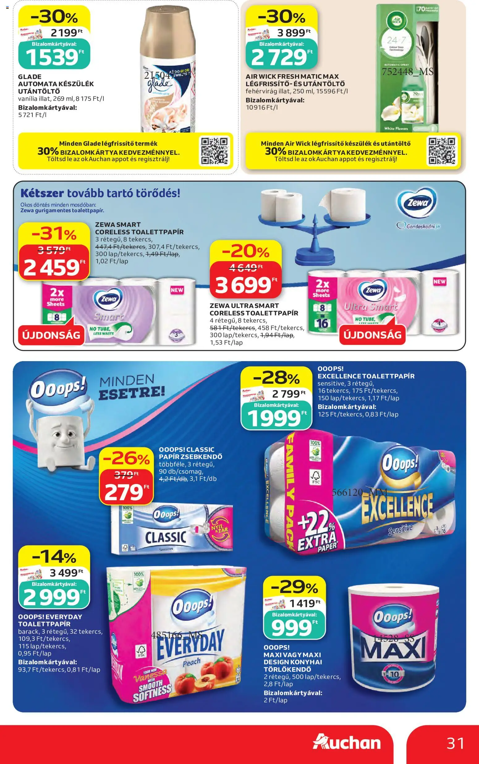 Auchan akciós ujság - amely érvényes a következő dátumtól: 2026.09.10. | Oldal: 31 | Termékek: Air Wick, Papírzsebkendő, Vanília, Zewa