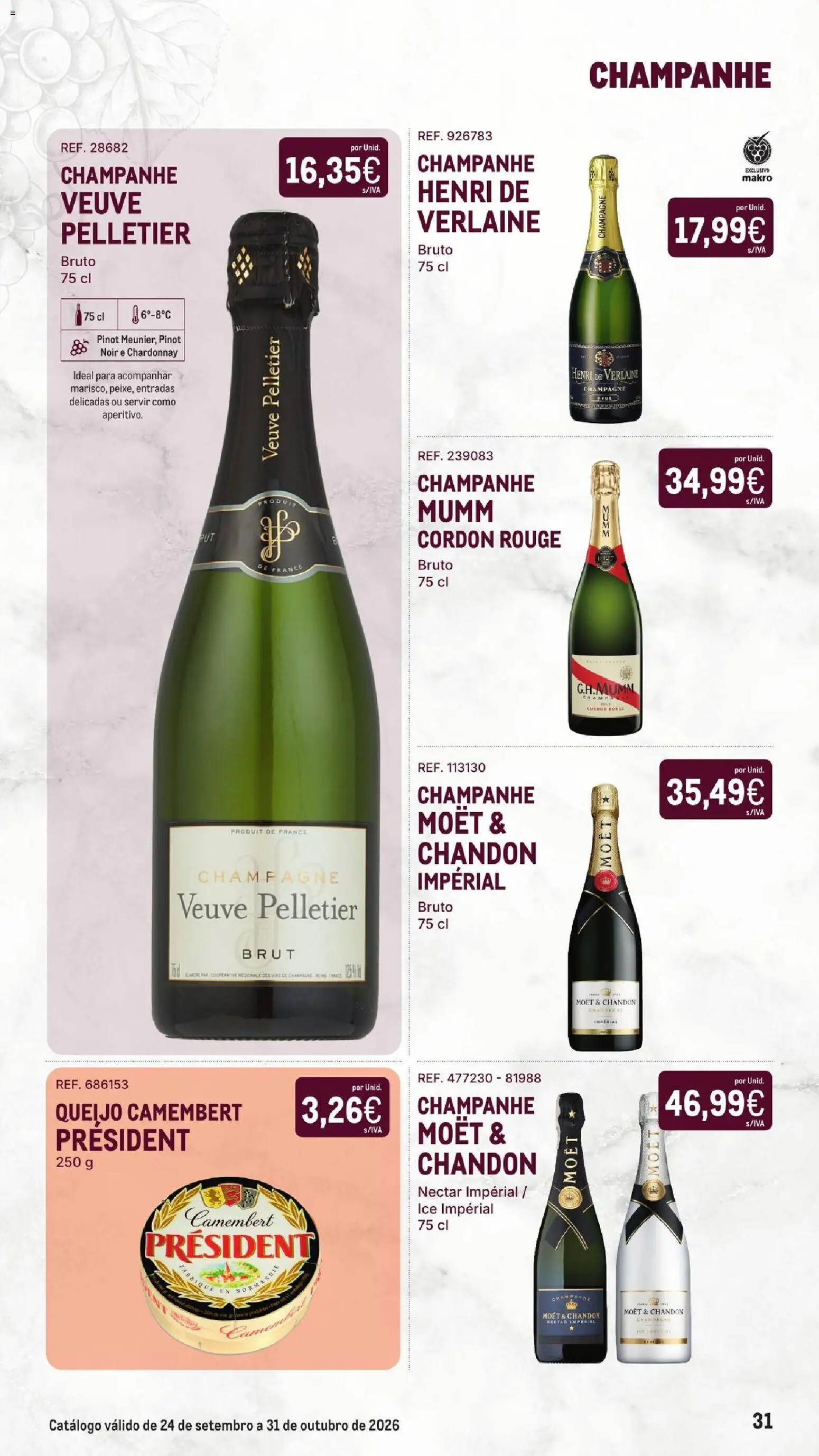 Makro Especial Vinhos │ válido de 24/09/2026 | Página: 31 | Produtos: Champanhe, Queijo, Champagne Moët, Queijo camembert