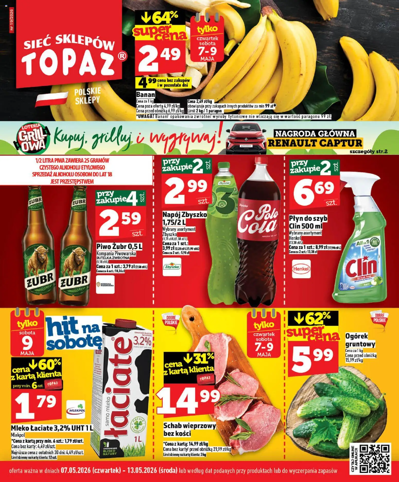 Topaz gazetka - MAZ od 07.05.2026 | Strona: 1 | Produkty: Grill, Mleko, Piwo, Banan