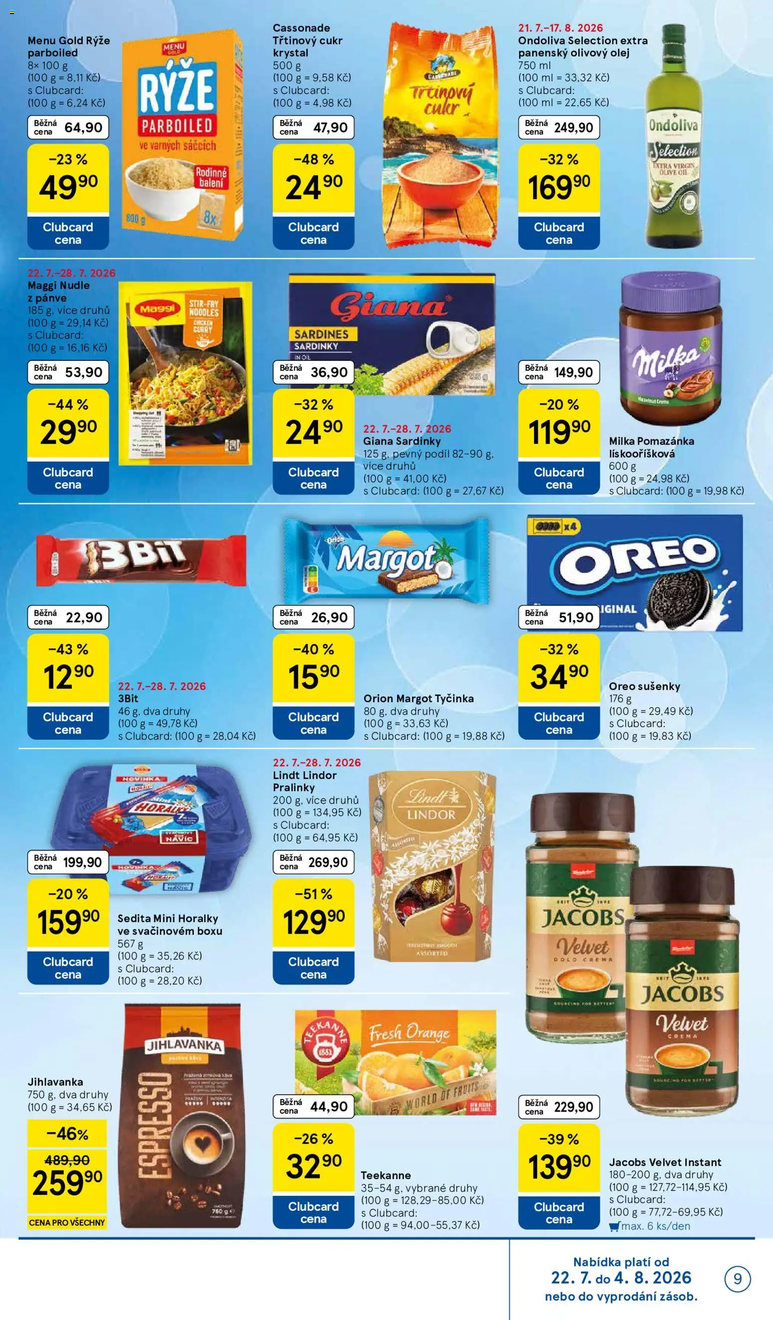 Tesco leták - Hypermarket od 22.07.2026 | Strana: 9 | Produkty: Lindt, Olej, Milka, Jacobs