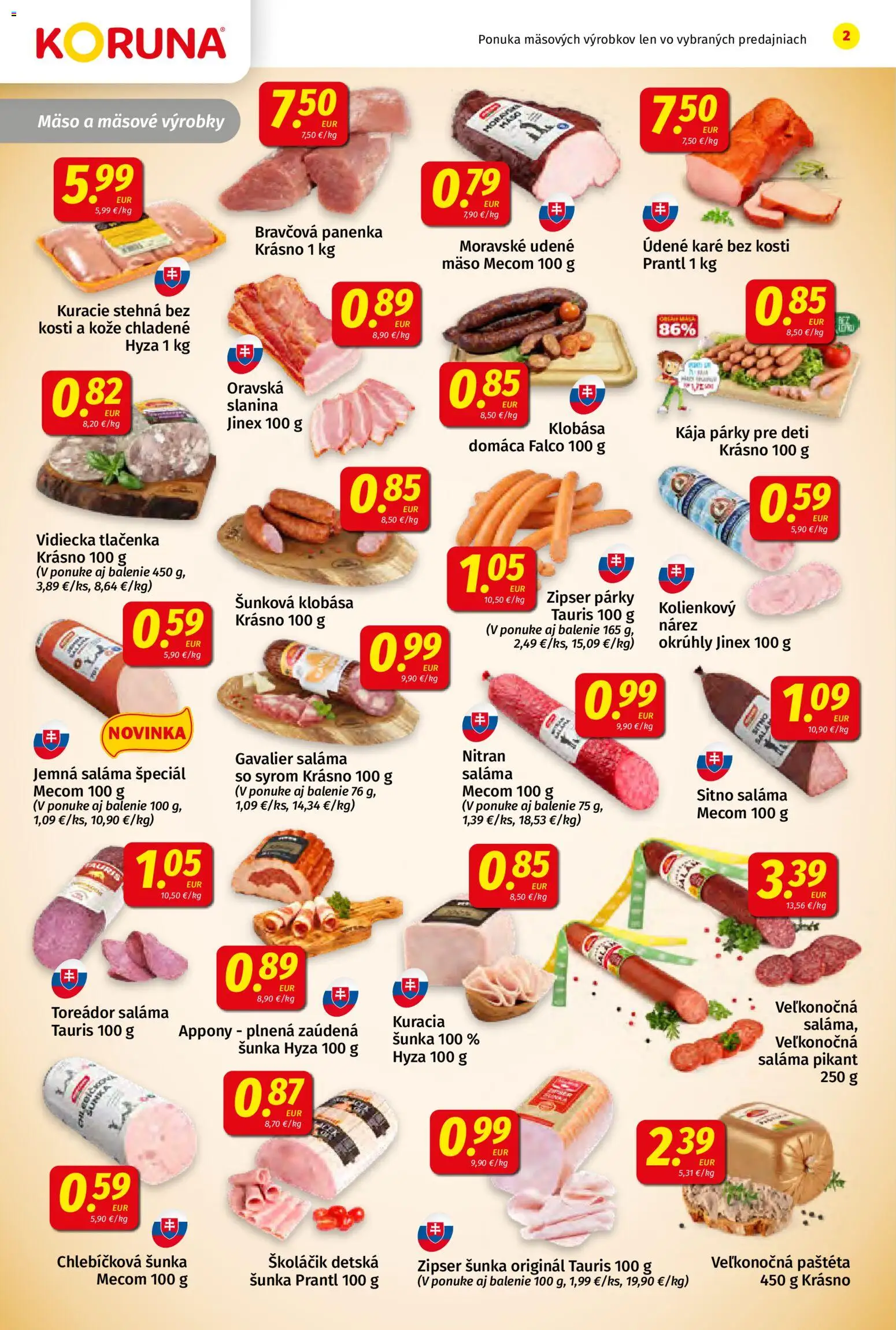 Nové Koruna akcie – leták je platný od 20.03.2026 | Strana: 2 | Produkty: Saláma, Šunka, Slanina, Kuracie stehná