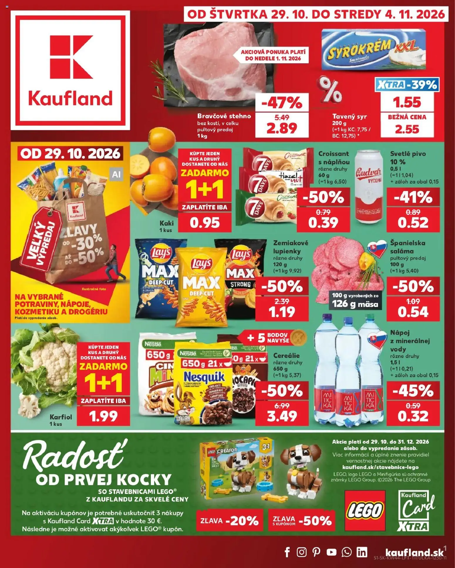 Nové Kaufland akcie – leták je platný od 29.10.2026 | Strana: 1 | Produkty: Kaki, Croissant, Budvar, Cereálie