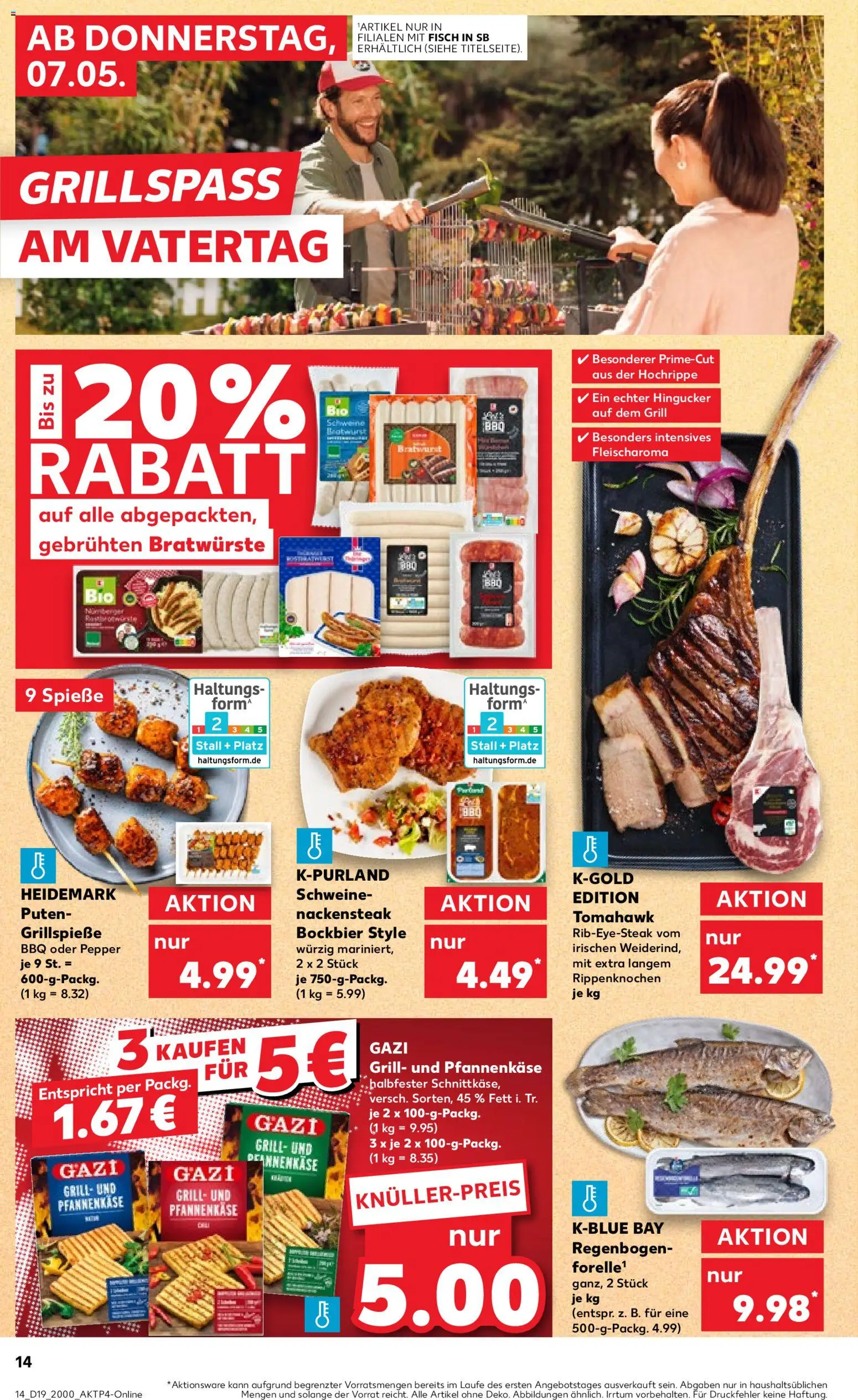 Kaufland Prospekt – gültig ab 07.05.2026 | Seite: 14 | Produkte: Bratwurst, Spieße, Fisch, Steak