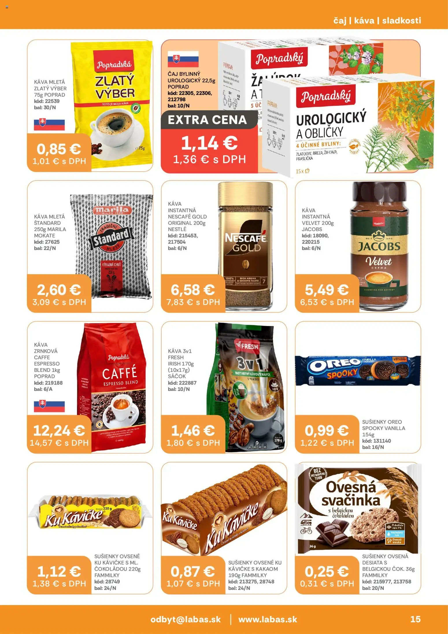 Nové Labaš akcie – leták je platný od 09.10.2026 | Strana: 15 | Produkty: Čaj, Sušienky, Instantná káva, Nescafé Gold