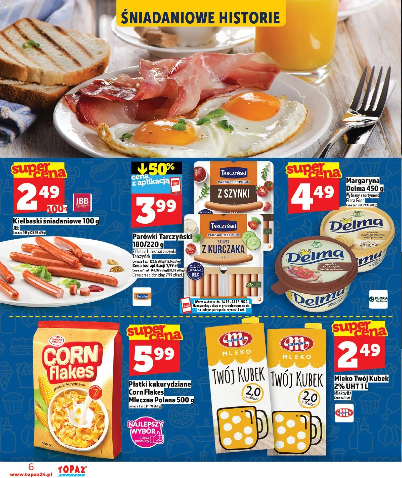 Topaz gazetka - Express od 14.05.2026 | Strona: 6 | Produkty: Parówki, Kiełbaski, Parówki tarczyński, Mleko
