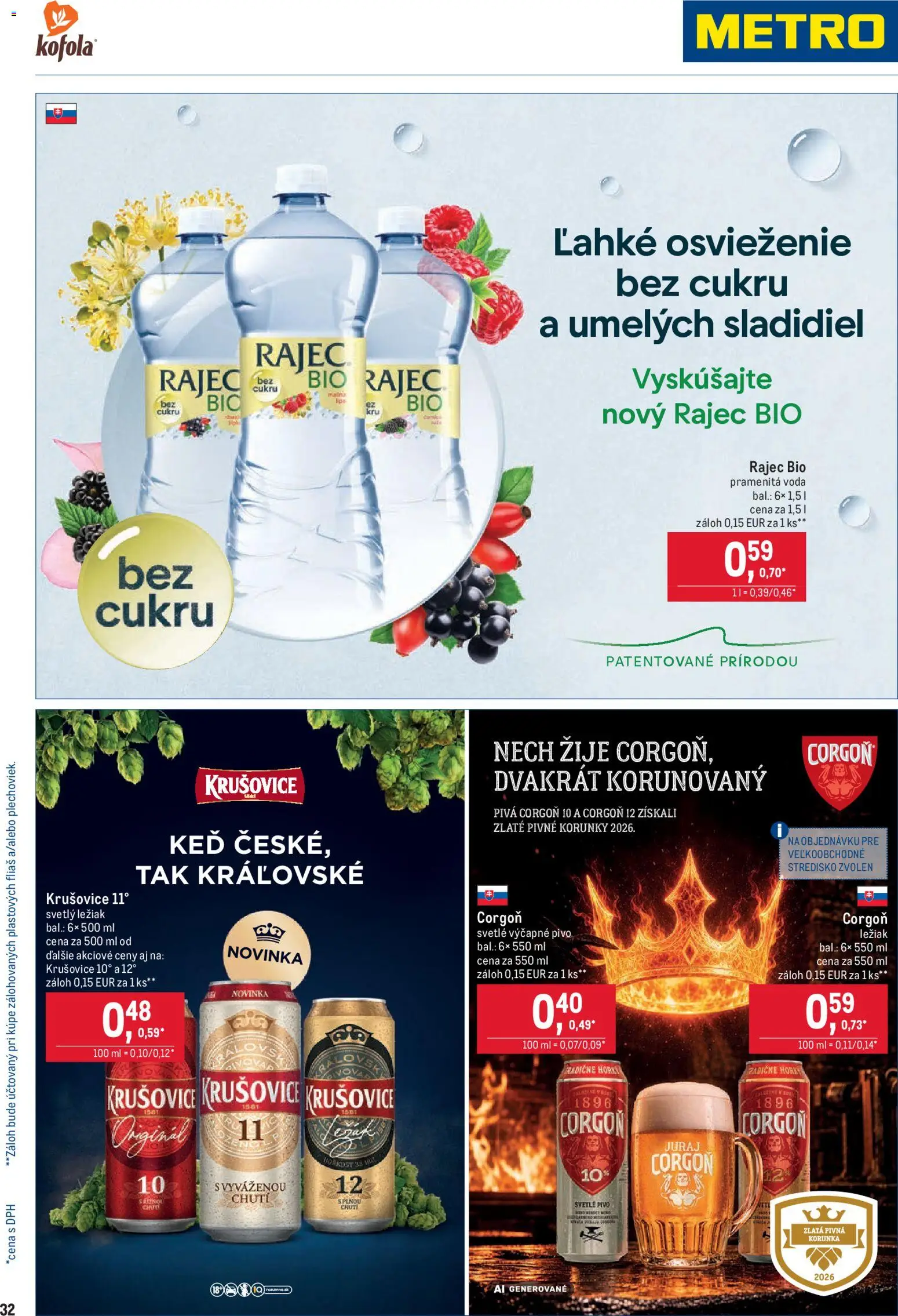 Nové Metro akcie – leták je platný od 26.08.2026 | Strana: 32 | Produkty: Pivo, Pramenitá voda, Krušovice, Corgoň